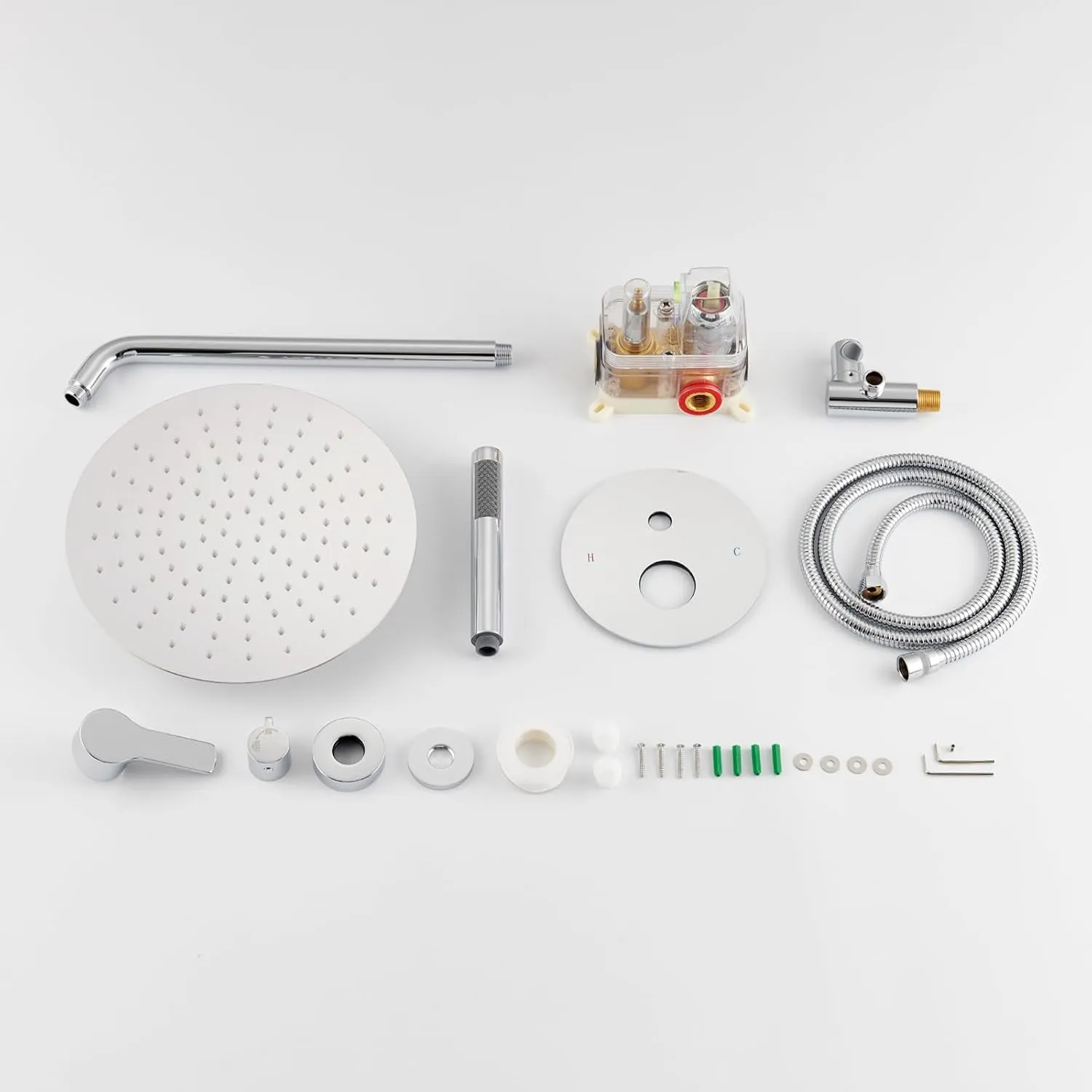 Iriber Chrome Shower System Wall Mounted Shower Faucet Mixer Set with 12 Inches Round Rain Shower head and Handheld, Bathroom Rainfall Polished Chrome Shower Trim Kit Contain Valve