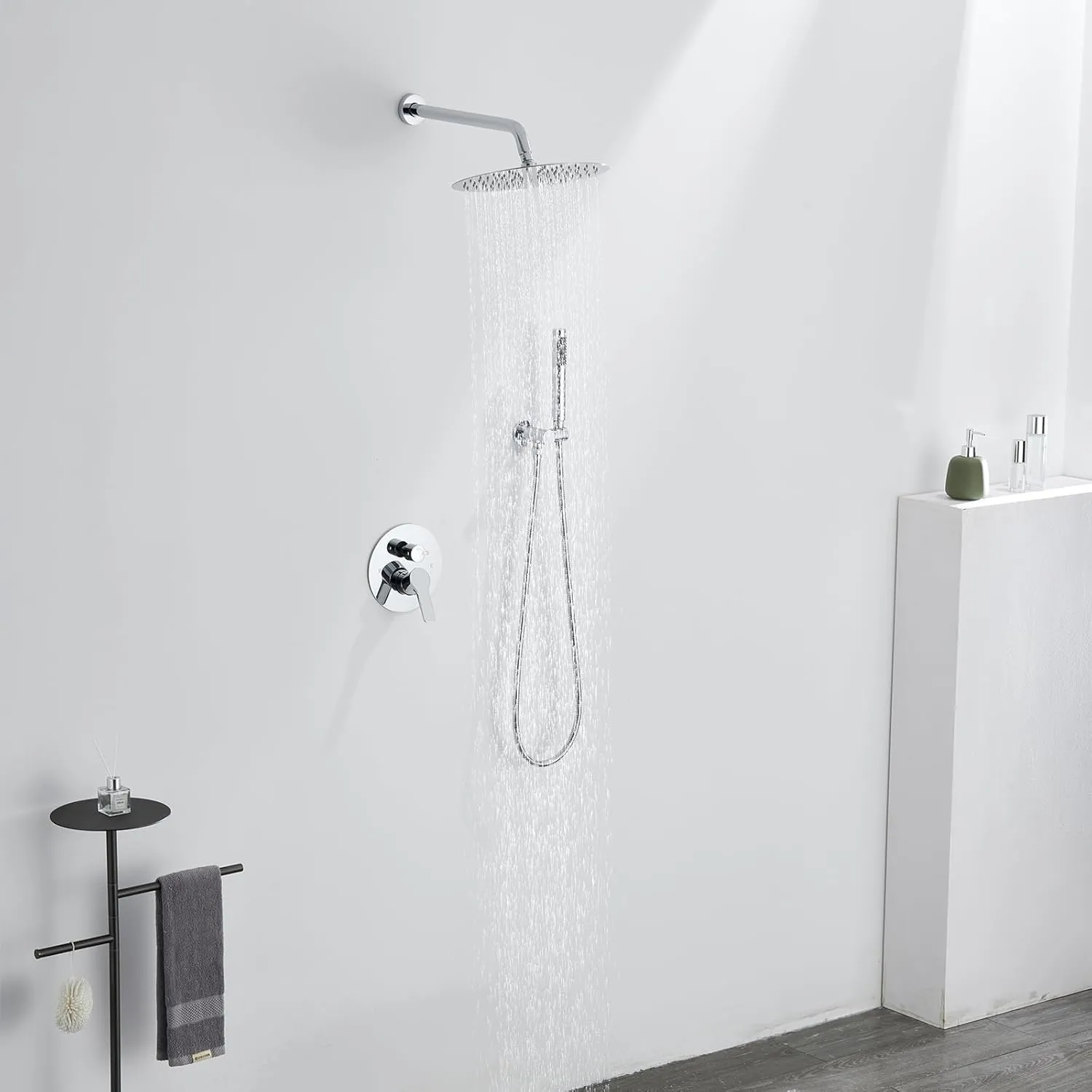 Iriber Chrome Shower System Wall Mounted Shower Faucet Mixer Set with 12 Inches Round Rain Shower head and Handheld, Bathroom Rainfall Polished Chrome Shower Trim Kit Contain Valve