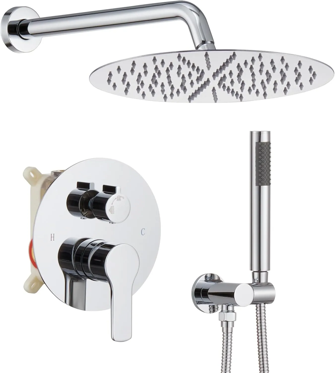 Iriber Chrome Shower System Wall Mounted Shower Faucet Mixer Set with 12 Inches Round Rain Shower head and Handheld, Bathroom Rainfall Polished Chrome Shower Trim Kit Contain Valve