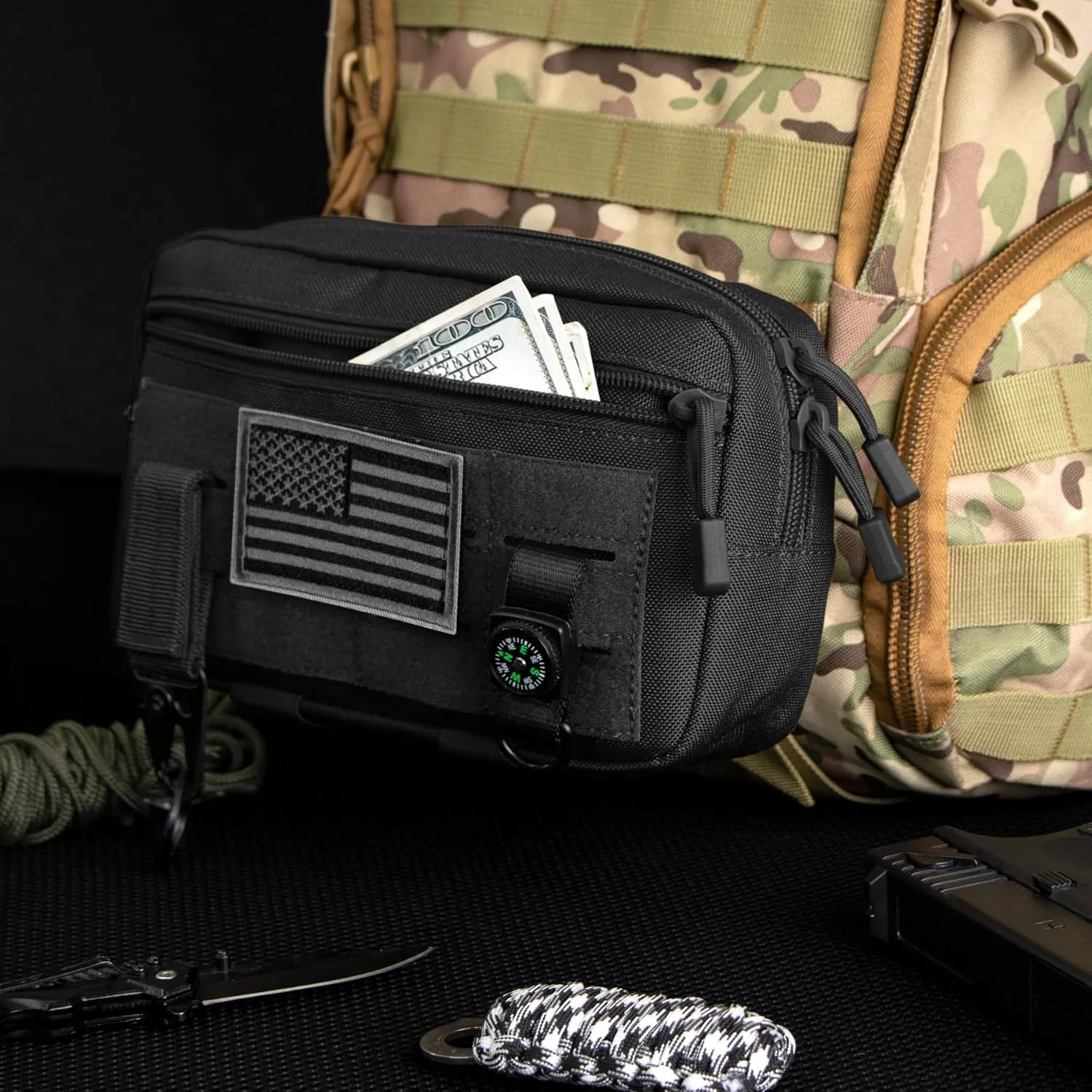 IronSeals Tactical Molle Horizontal Admin Pouch Multi-Purpose Laser-Cut EDC Tool Pouch Molle Attachment Bag Flag Patch Included