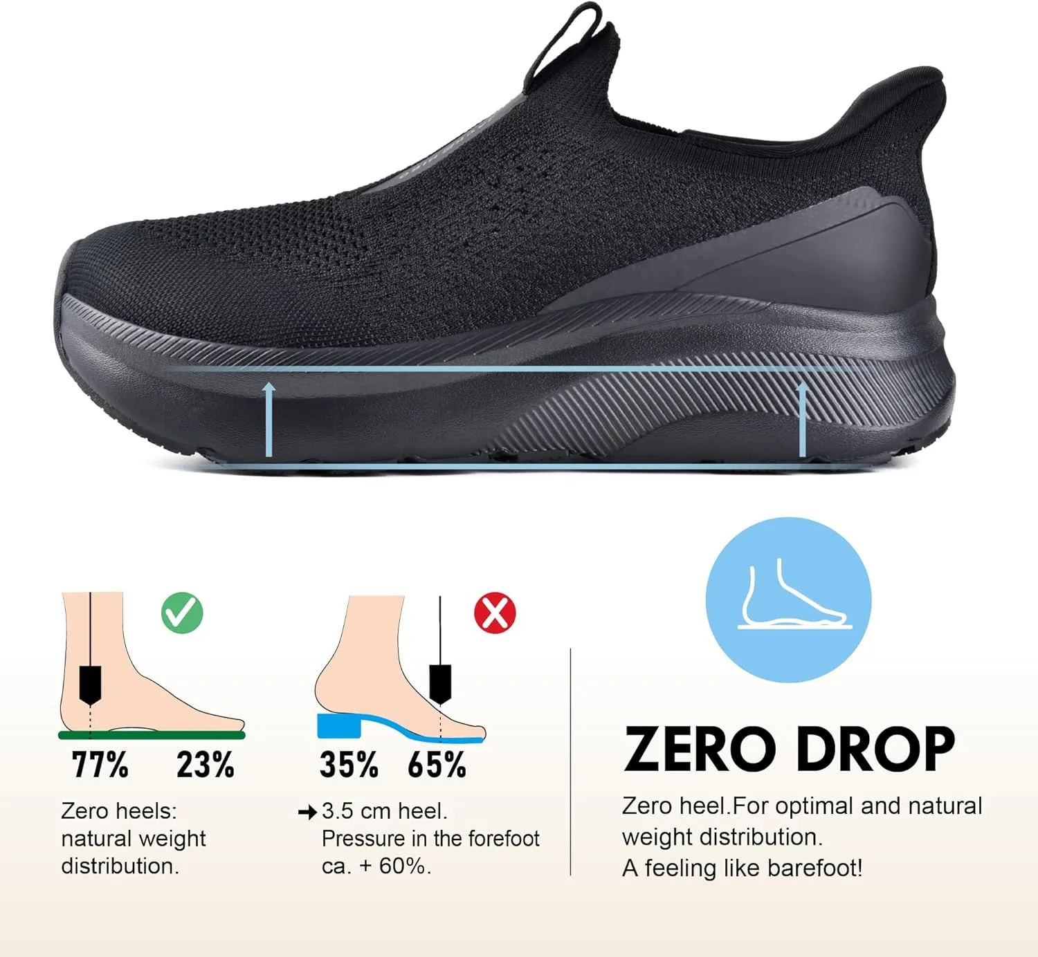 JACKSHIBO Men's Hands Free Slip On Walking Shoes Wide Toe Box Arch Support Orthopedic Sneakers Cushioned Thick Zero Drop Sole