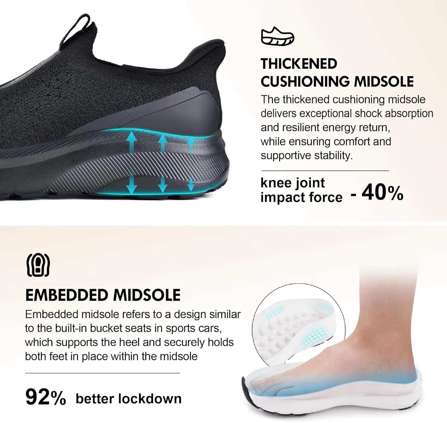 JACKSHIBO Men's Hands Free Slip On Walking Shoes Wide Toe Box Arch Support Orthopedic Sneakers Cushioned Thick Zero Drop Sole