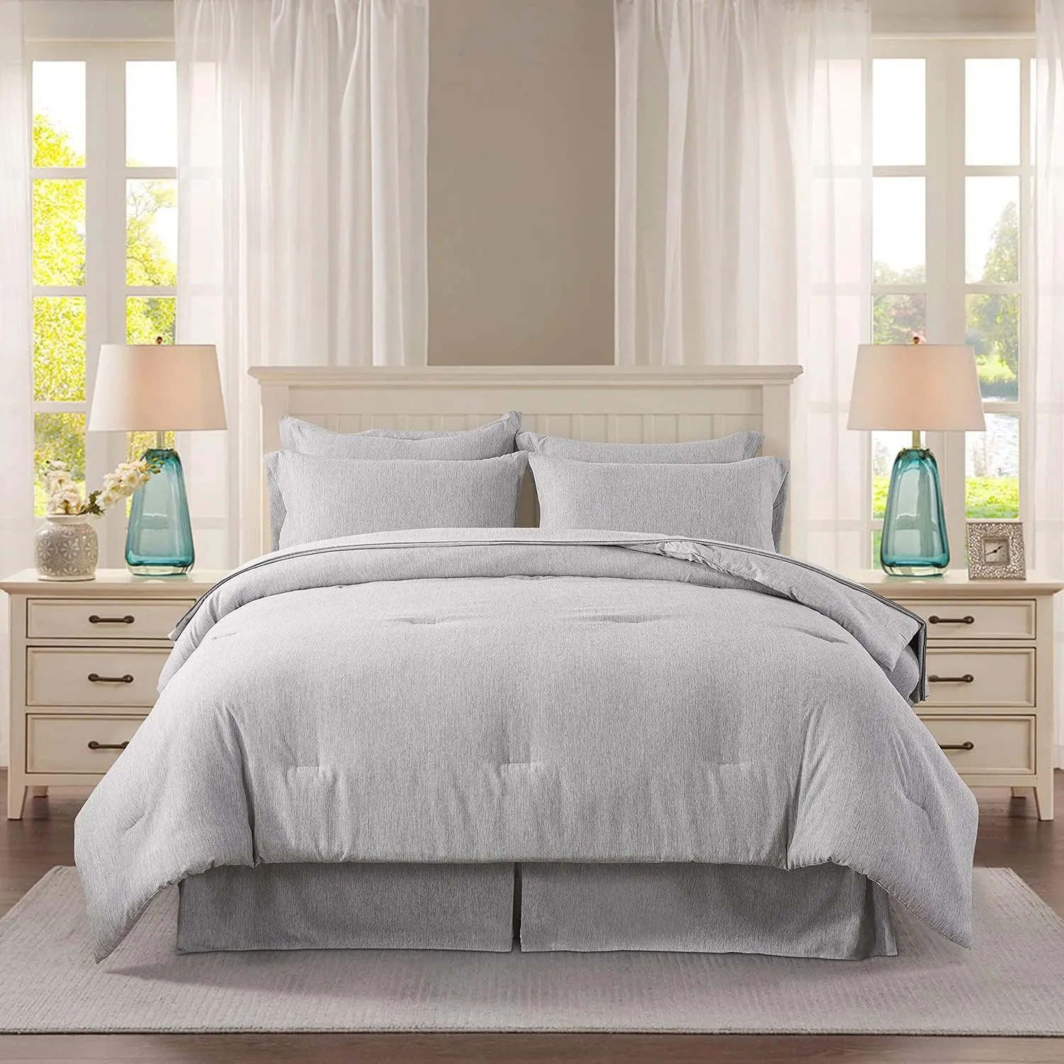 JML Queen Comforter Bed in a Bag - 8 Piece Cationic Dyeing Set with 2 Pillow Shams and Sheet Set - Ultra Soft Microfiber All Season Down Alternative Comforter - Dark Grey