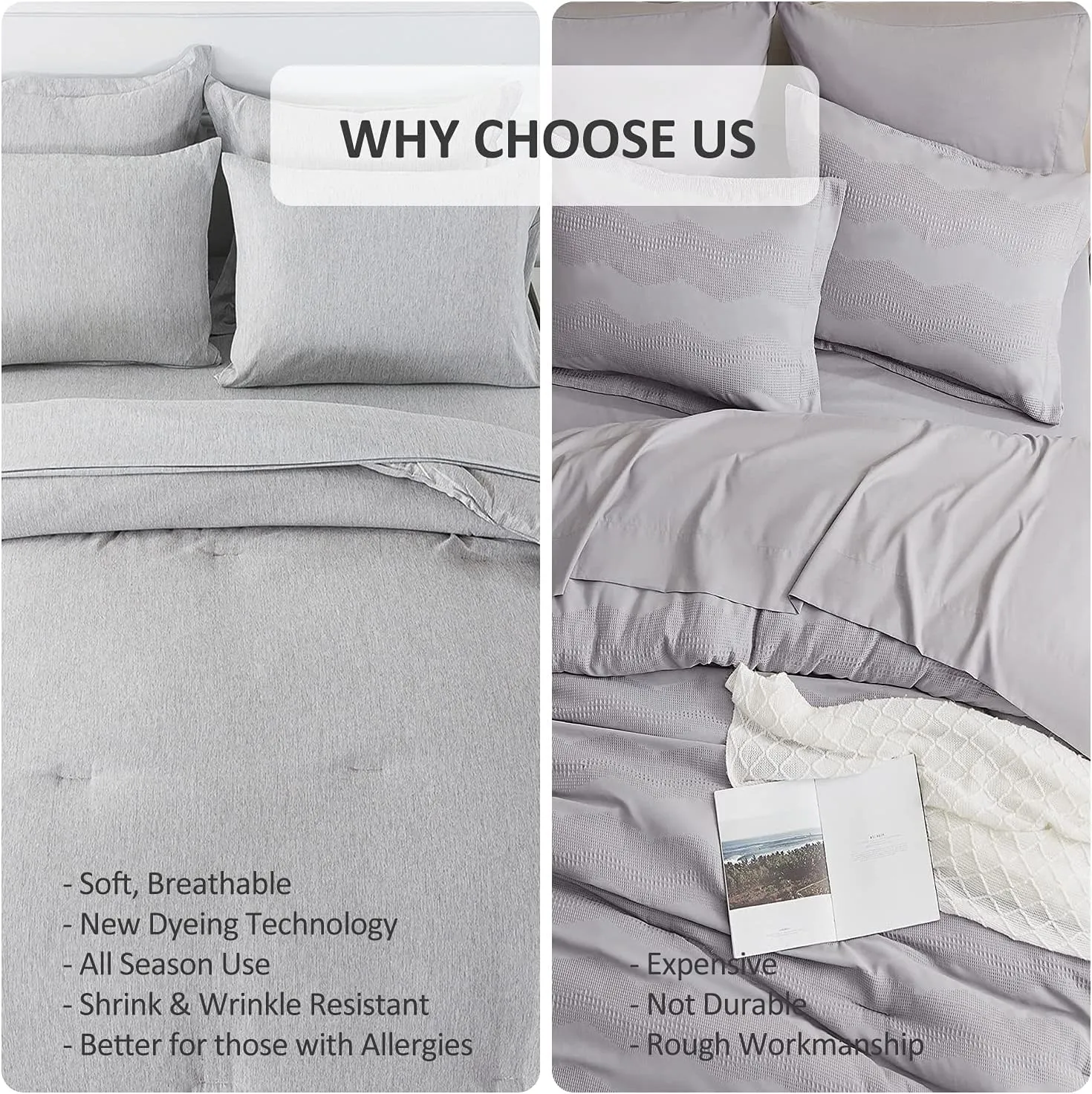 JML Queen Comforter Bed in a Bag - 8 Piece Cationic Dyeing Set with 2 Pillow Shams and Sheet Set - Ultra Soft Microfiber All Season Down Alternative Comforter - Dark Grey