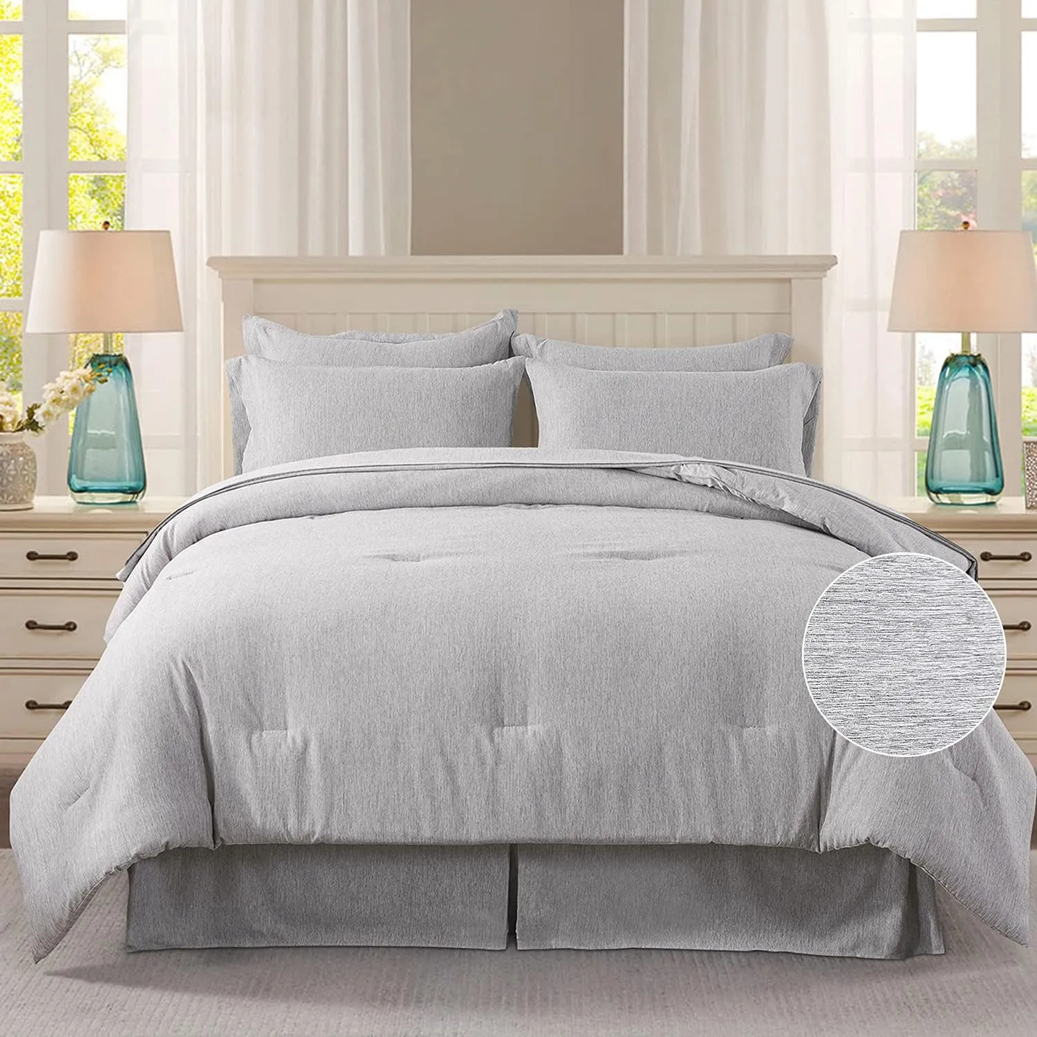 JML Queen Comforter Bed in a Bag - 8 Piece Cationic Dyeing Set with 2 Pillow Shams and Sheet Set - Ultra Soft Microfiber All Season Down Alternative Comforter - Dark Grey