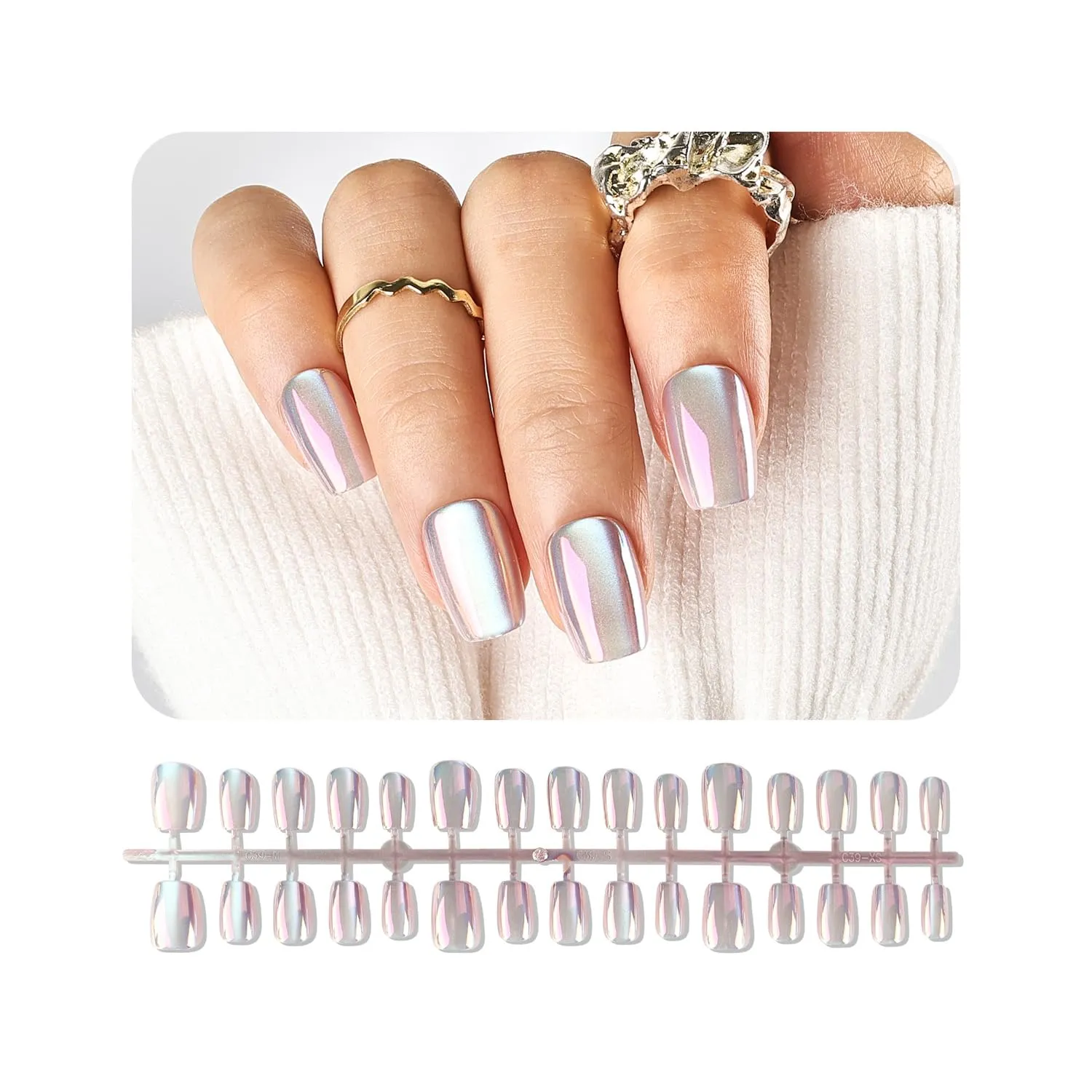 JODSONE 30PCS Magic Mirror Press On Nails Pink Metallic Mirror Effect Metal Chrome Square Stick On Nails Reusable High Shine Easy to Apply for Women