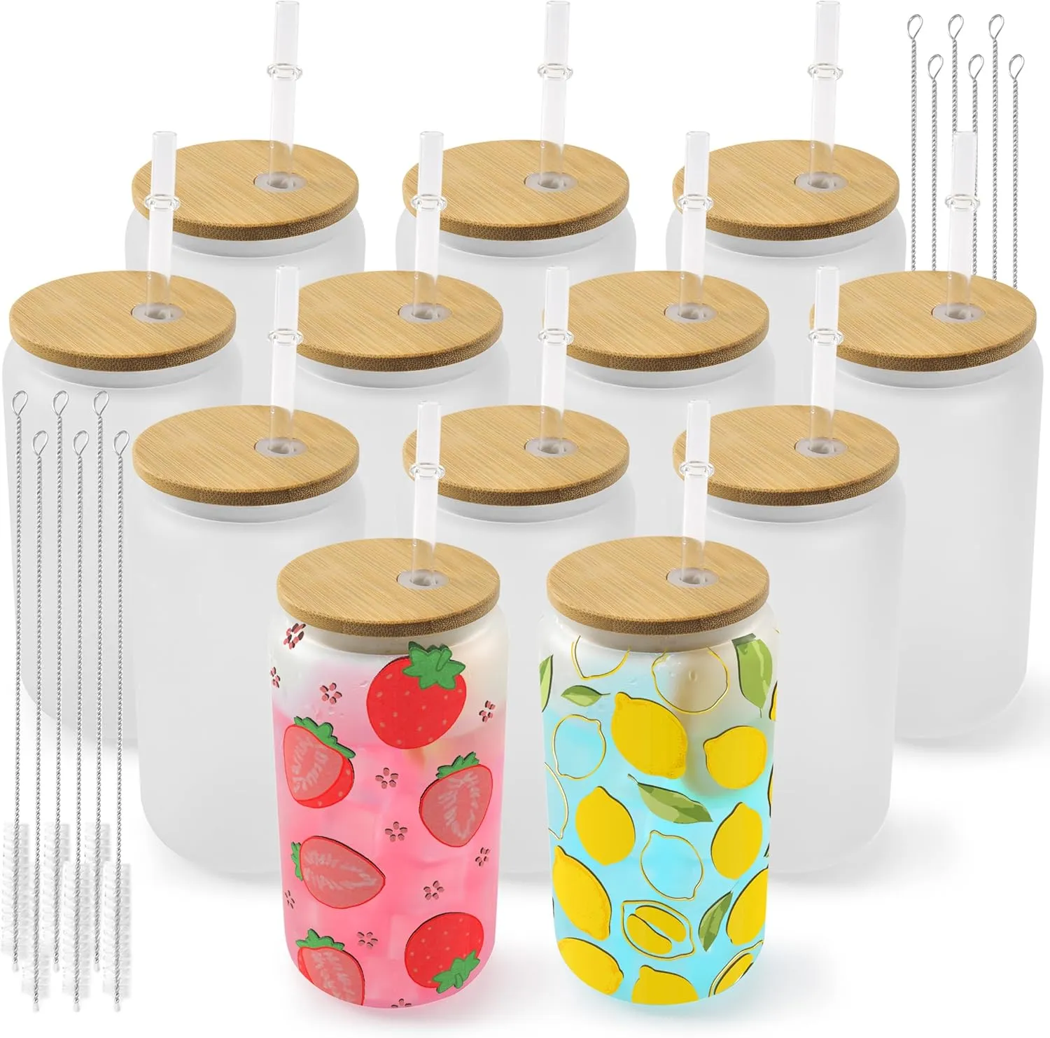 Joyclub 12 Pack Sublimation Glass Cups Blanks with Bamboo Lid 16 OZ Frosted Glass Beer Cans Mason Jar for Iced Coffee Juice Soda Drinks