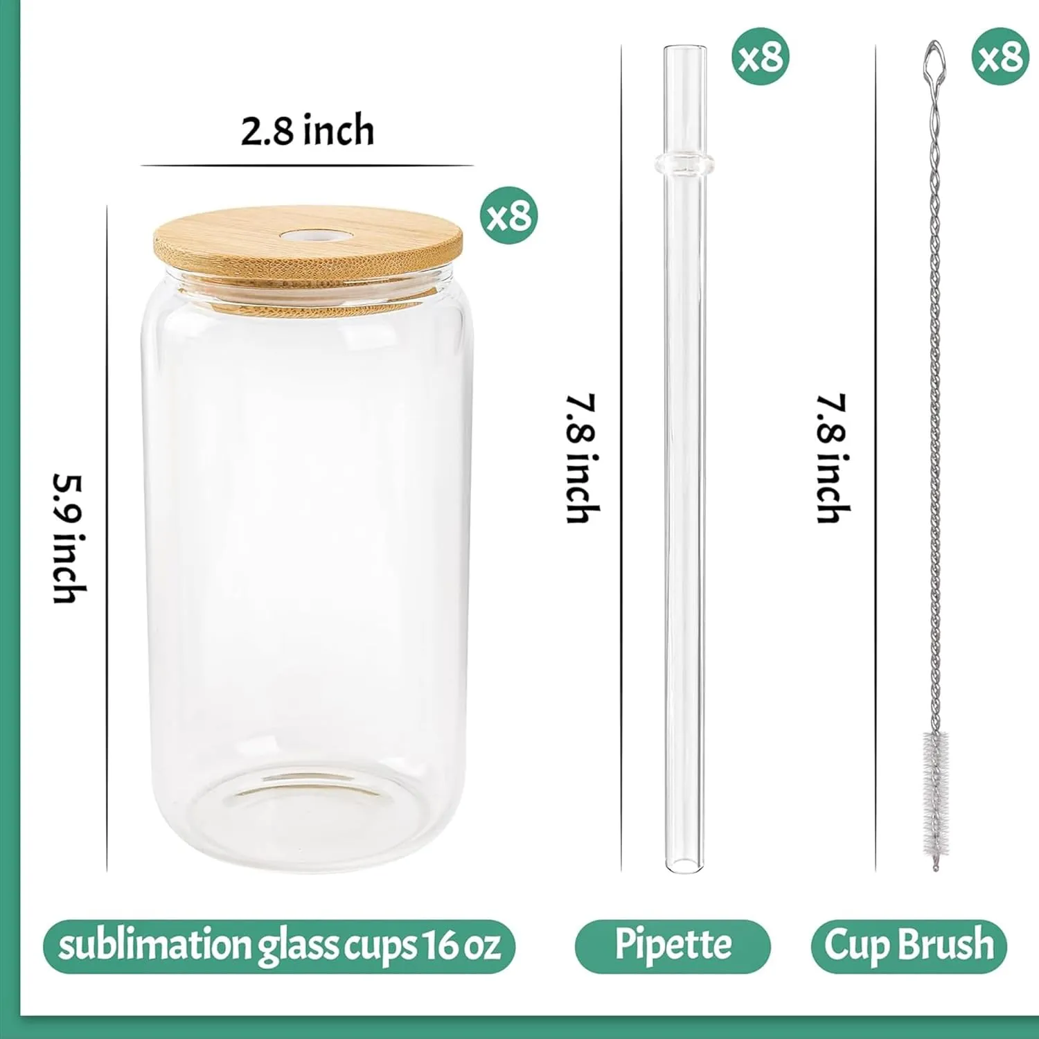 Joyclub 8 Pack Sublimation Glass Cups Blanks with Bamboo Lid 16 OZ Clear Glass Beer Cans Mason Jar for Iced Coffee Juice Soda Drinks