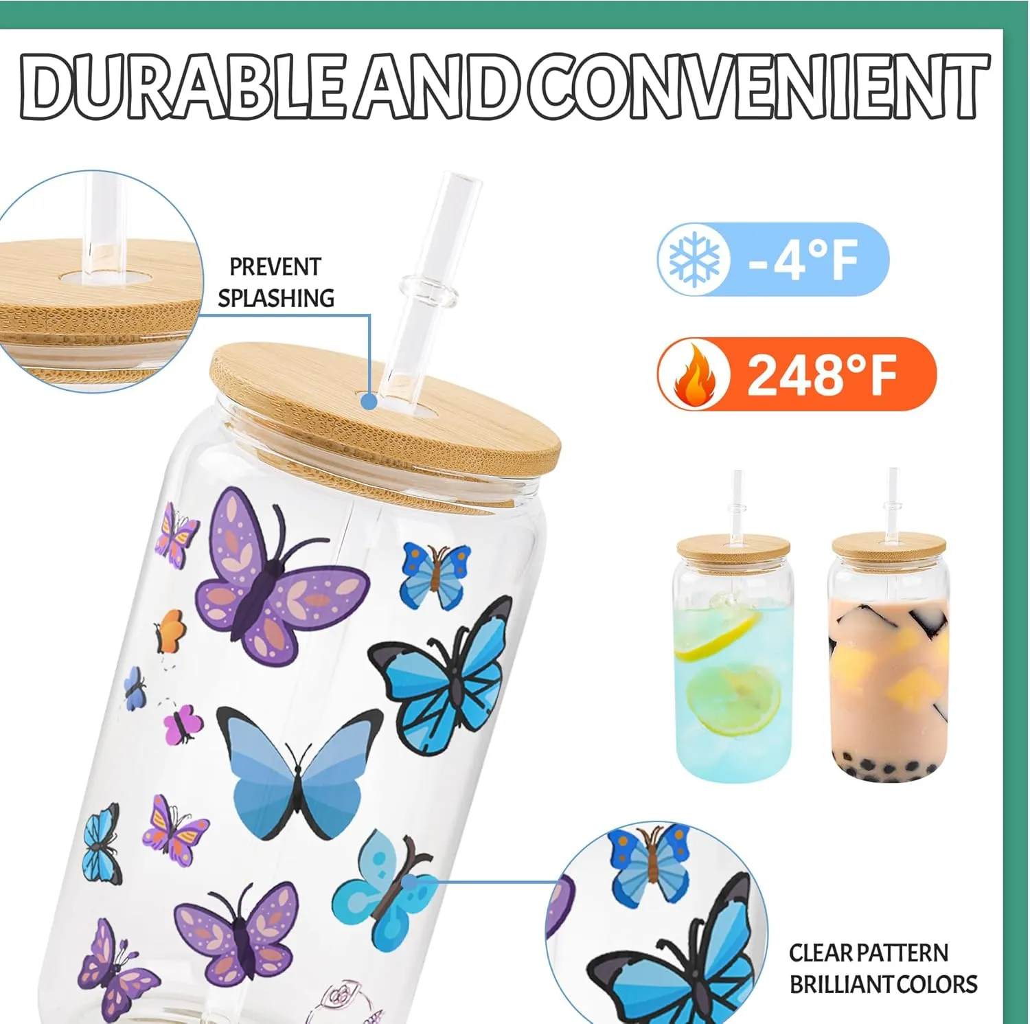 Joyclub 8 Pack Sublimation Glass Cups Blanks with Bamboo Lid 16 OZ Clear Glass Beer Cans Mason Jar for Iced Coffee Juice Soda Drinks