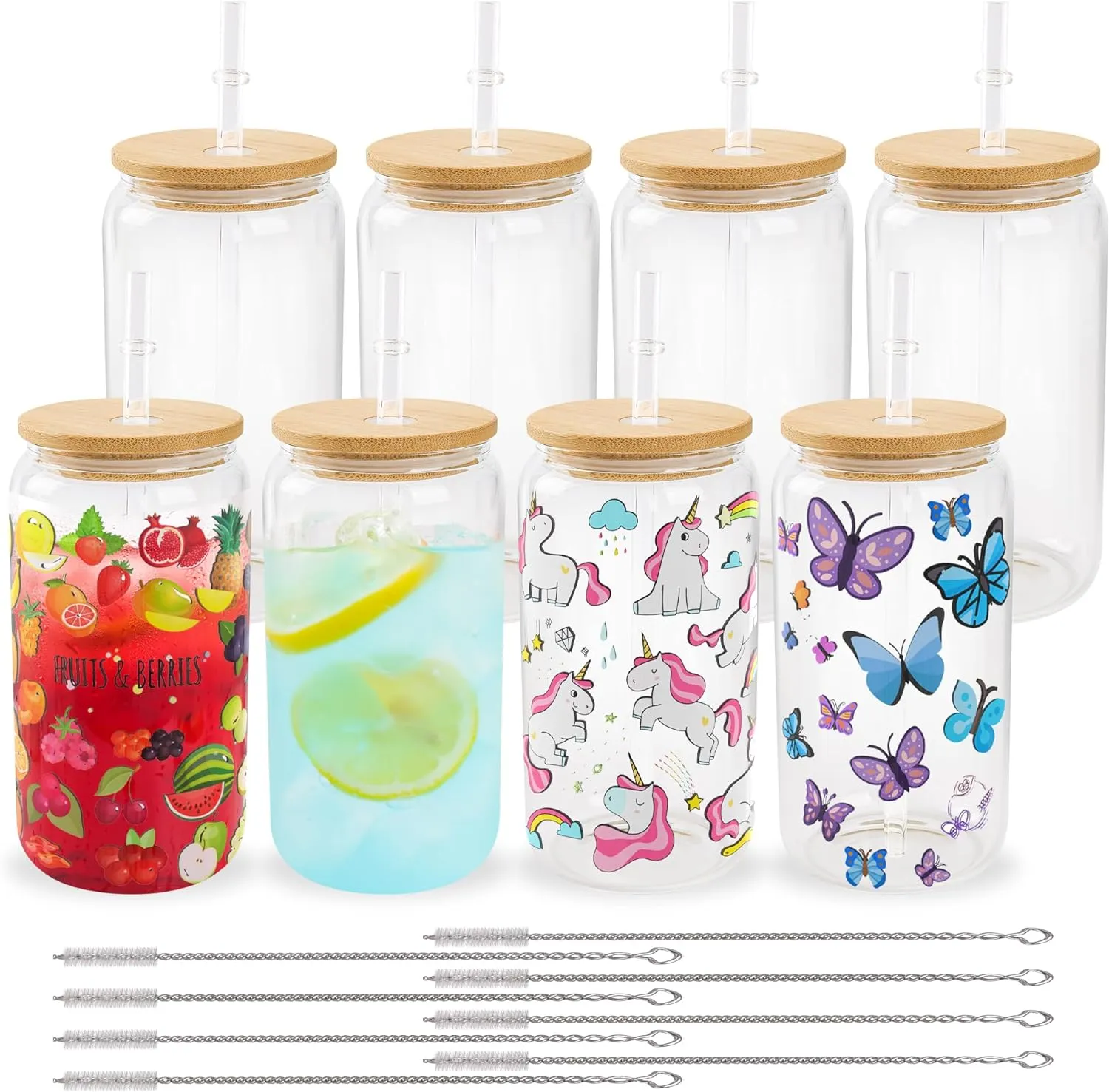 Joyclub 8 Pack Sublimation Glass Cups Blanks with Bamboo Lid 16 OZ Clear Glass Beer Cans Mason Jar for Iced Coffee Juice Soda Drinks