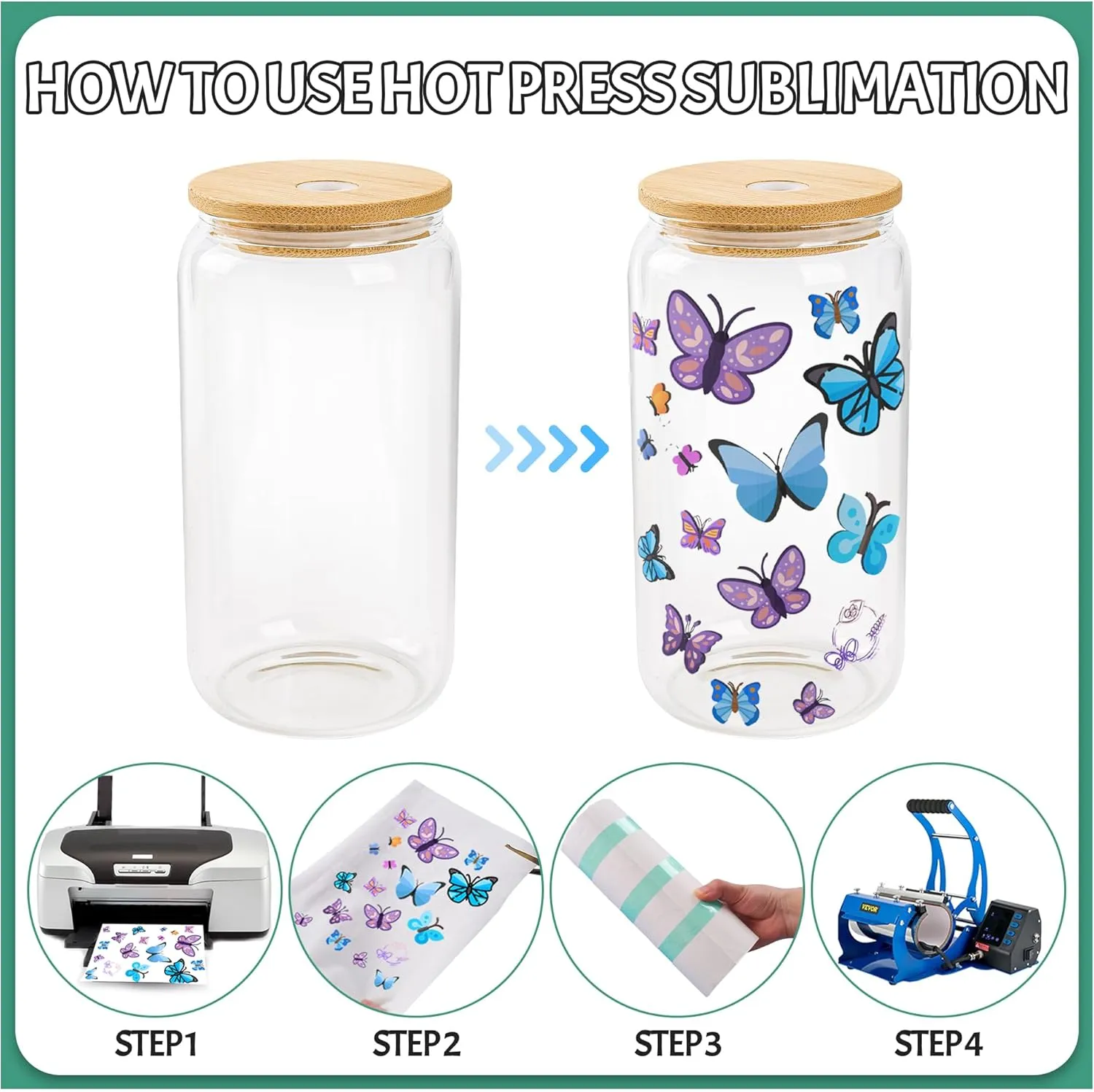 Joyclub 8 Pack Sublimation Glass Cups Blanks with Bamboo Lid 16 OZ Clear Glass Beer Cans Mason Jar for Iced Coffee Juice Soda Drinks