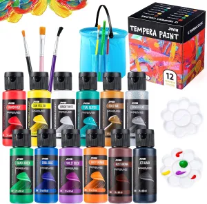 JOYIN 12PCS Washable Kids Tempera Paint Set (2 oz Each), 6 Brushes, 2 Palette & 1 Stretchable Washing Bucket, Non-Toxic Kids Liquid Paint for Arts and Crafts Project, Finger Painting, Hobby Painters