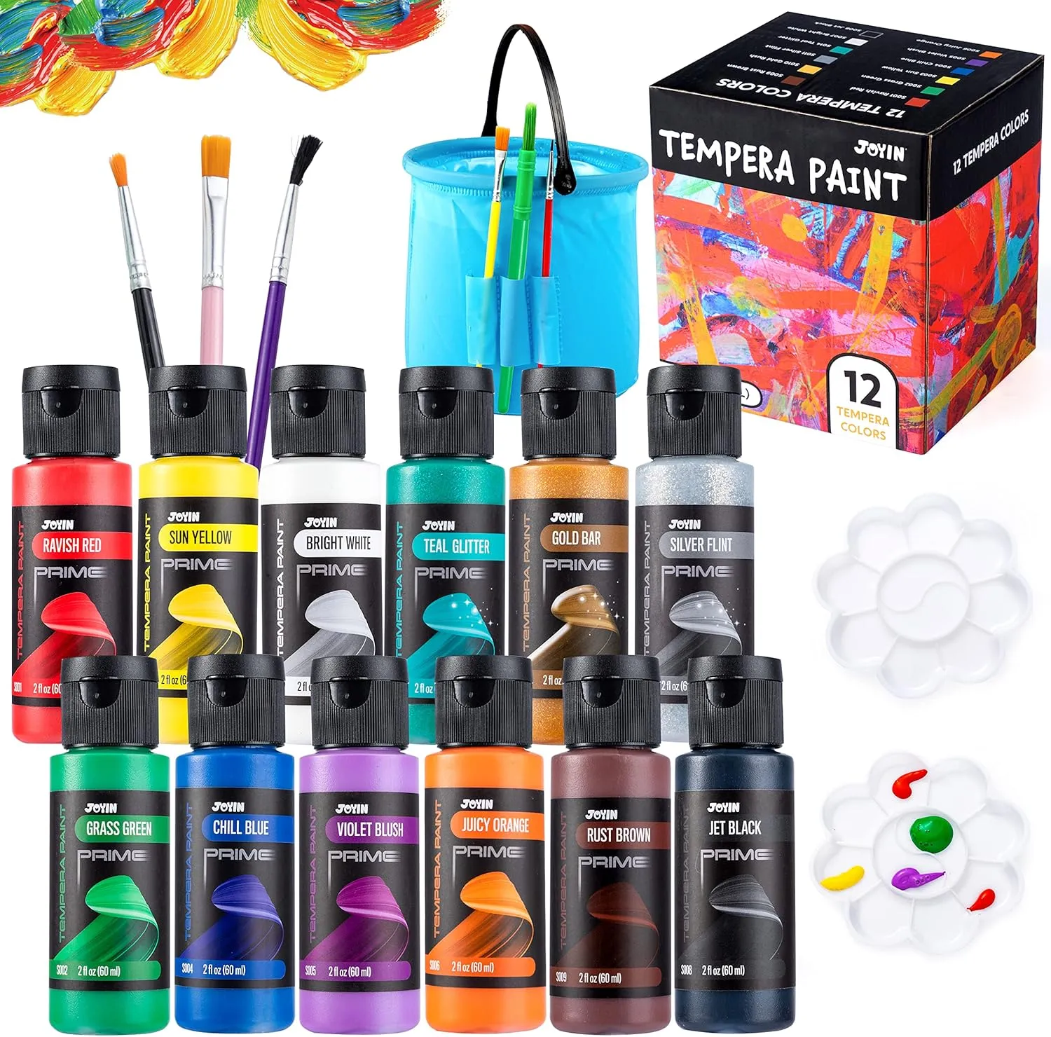 JOYIN 12PCS Washable Kids Tempera Paint Set (2 oz Each), 6 Brushes, 2 Palette & 1 Stretchable Washing Bucket, Non-Toxic Kids Liquid Paint for Arts and Crafts Project, Finger Painting, Hobby Painters