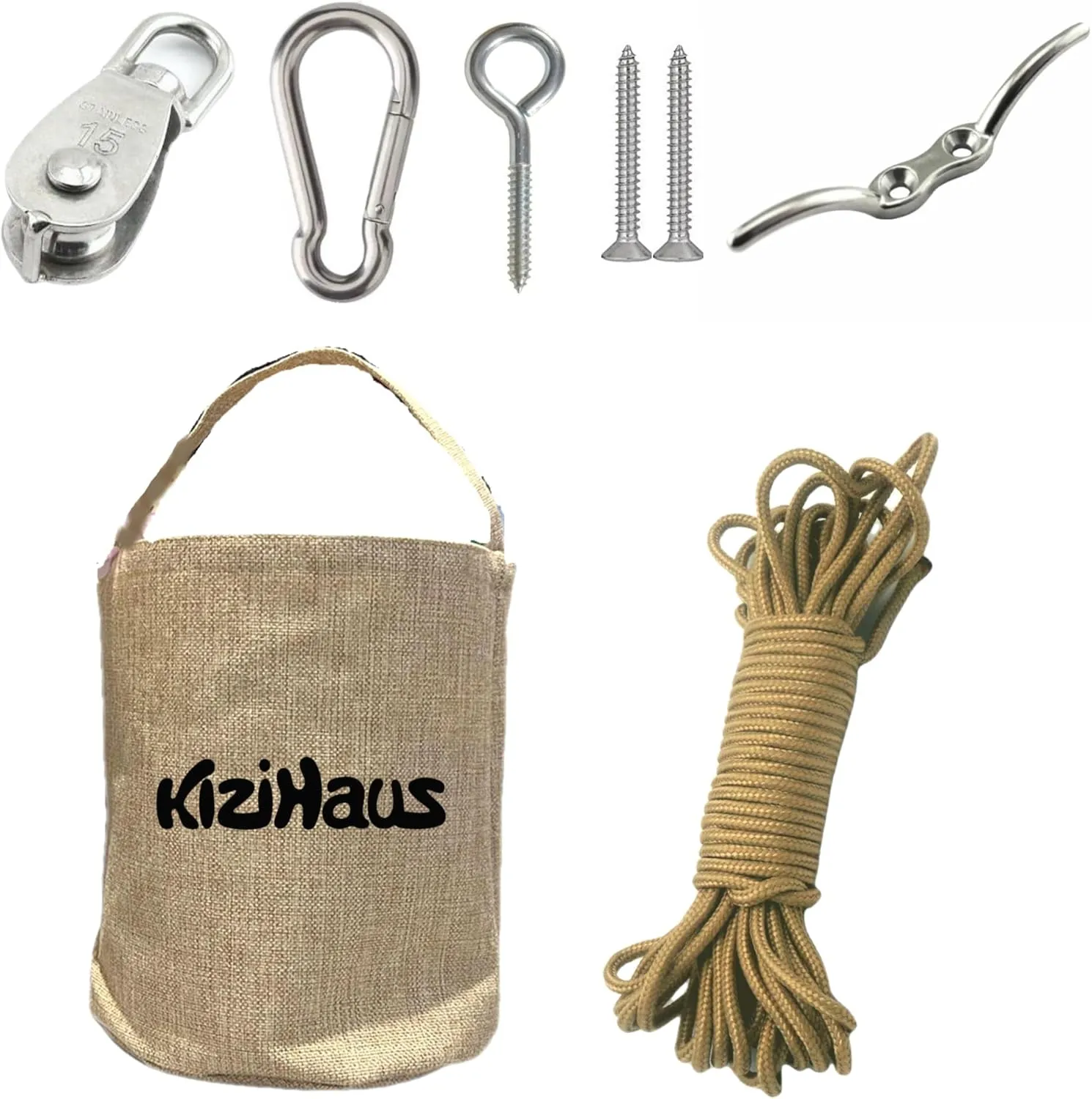 Jute Canvas Bag Kit with Pulley and Rope for Kids | Treehouse Accessories | Decor | Playground | Outdoor | Fort Building Kit