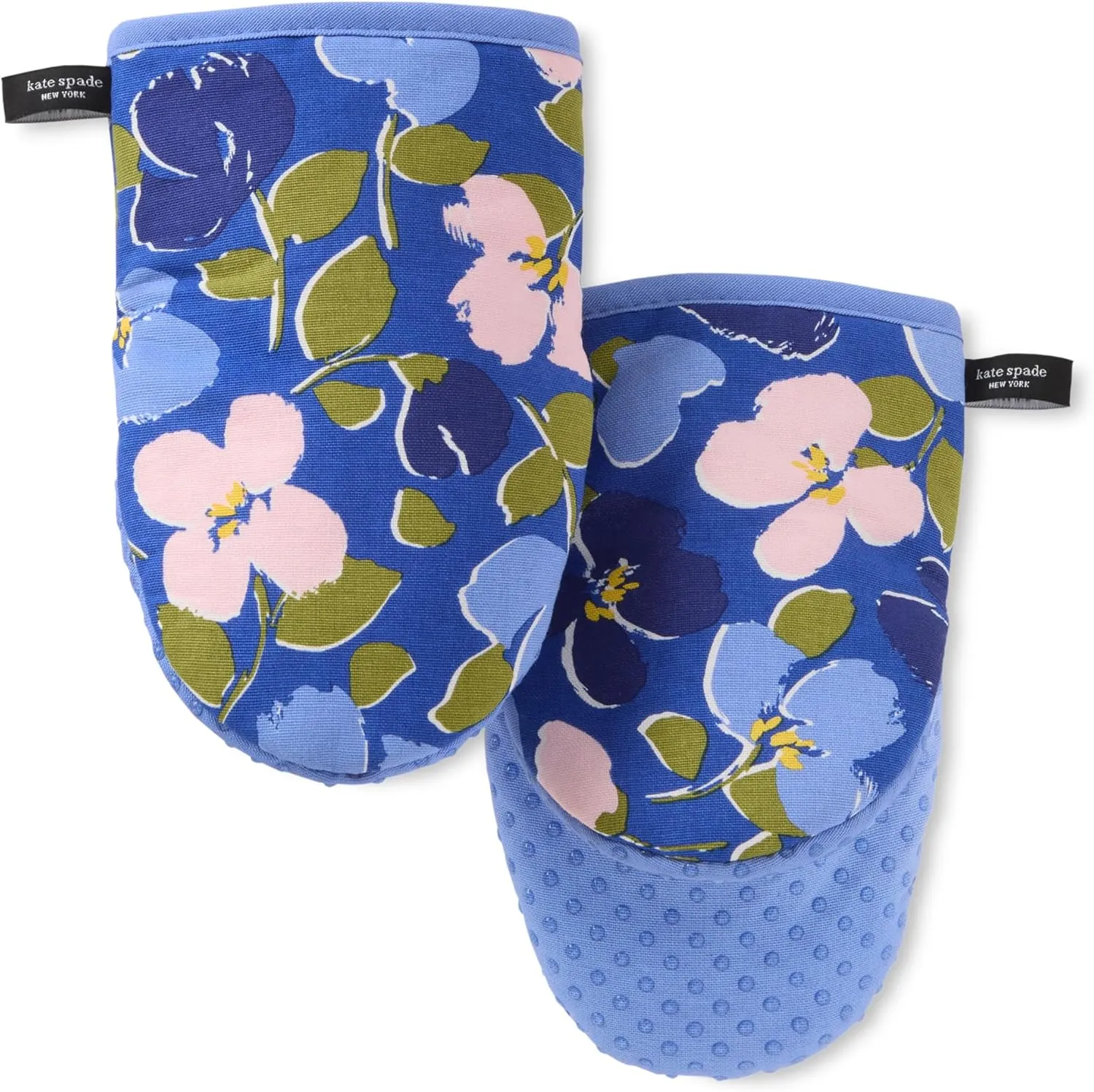 Kate Spade New York Painterly Bouquet Mini Oven Mitt 2-Pack Set, Heat Resistant, 100% Cotton with Printed Non-Slip Silicone Grip, Blue/Green/Rose, 5.5"X8"