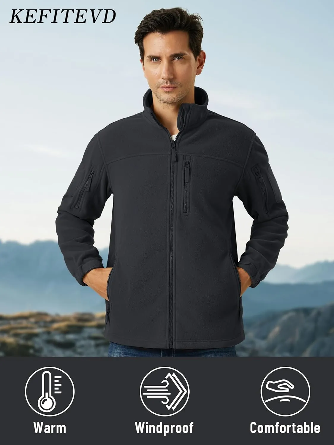 KEFITEVD Men's Tactical Fleece Jackets Full Zip Casual Outdoor Winter Warm Jacket Multi Pockets