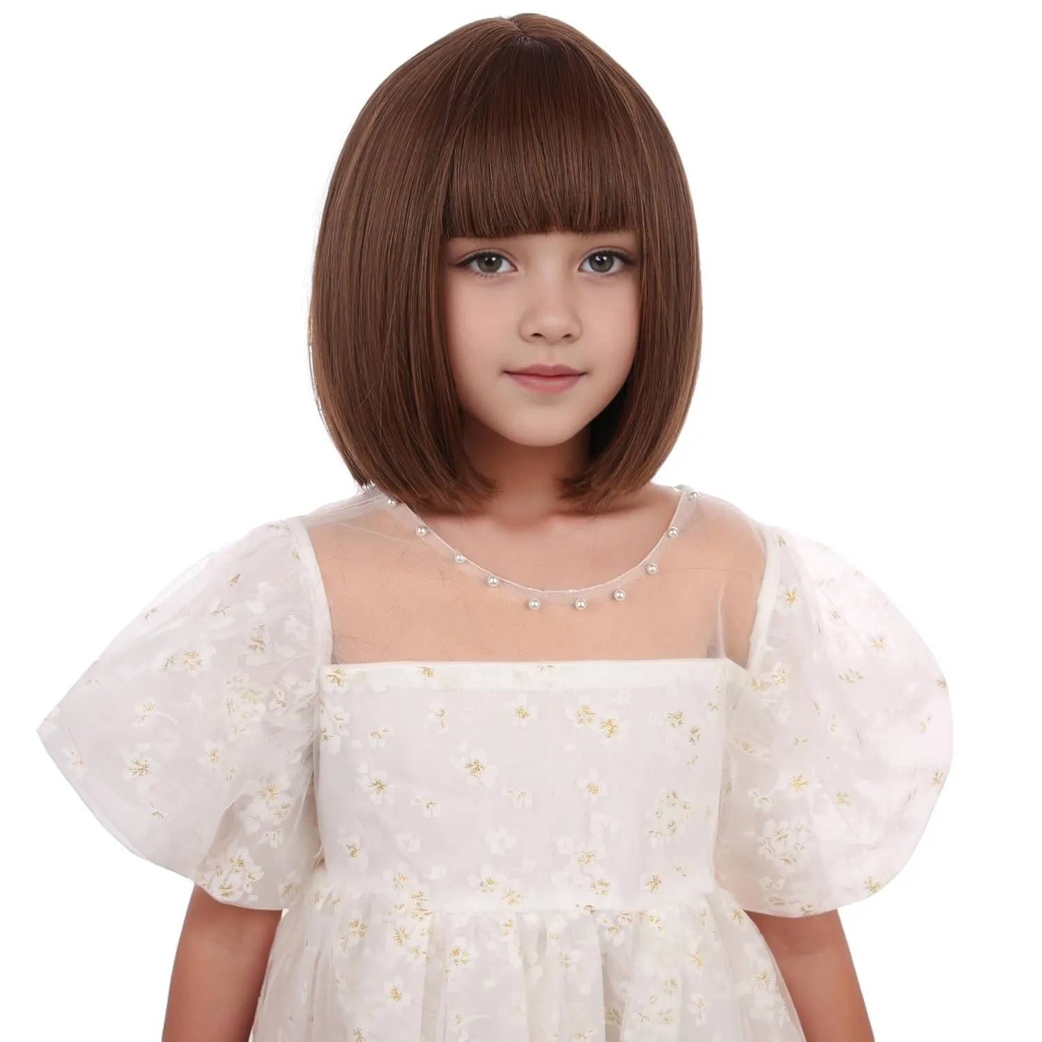Kids Brown Bob Wig Girls Short Honey Brown Bob Wig with Bangs Dark Brown Bob Wig for Child Heat Resistant Synthetic Wig with Wig Cap