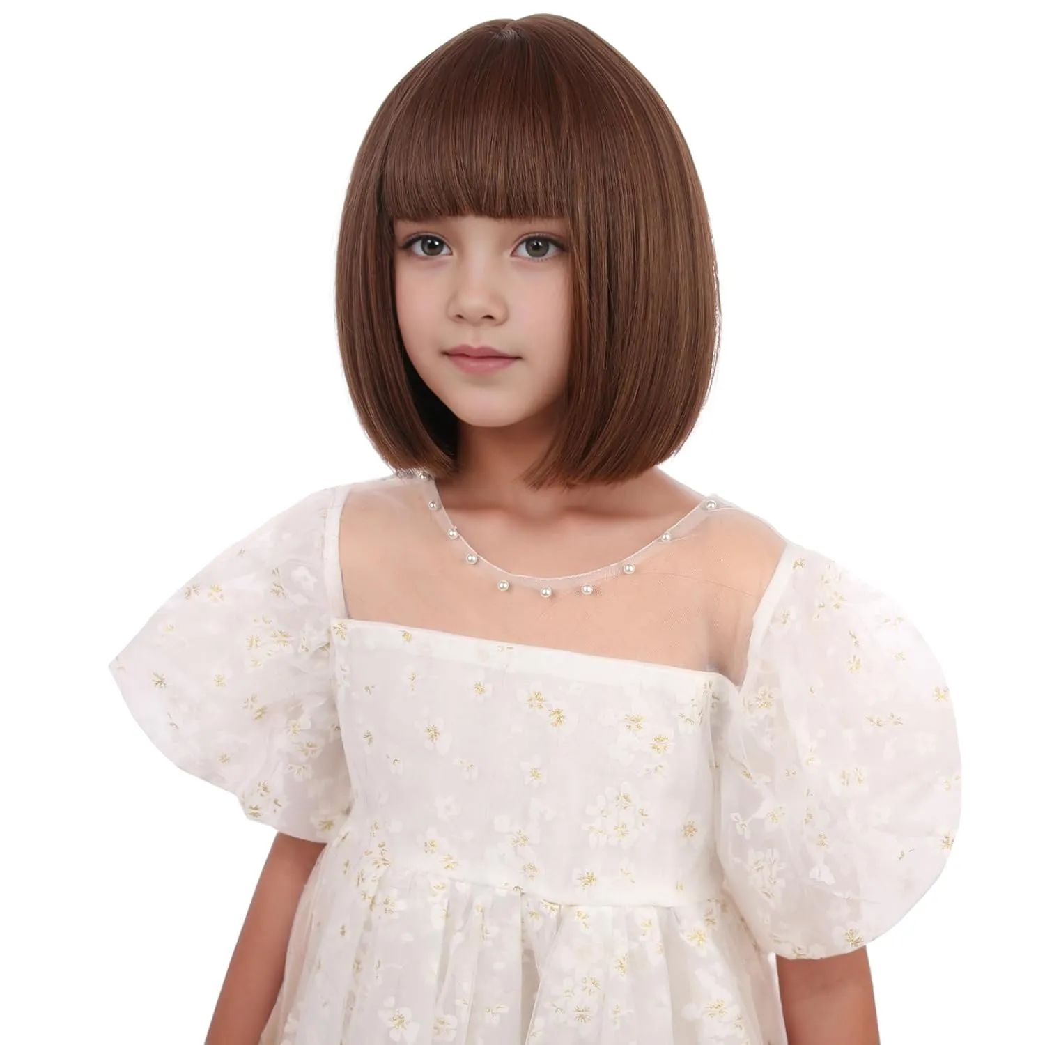 Kids Brown Bob Wig Girls Short Honey Brown Bob Wig with Bangs Dark Brown Bob Wig for Child Heat Resistant Synthetic Wig with Wig Cap