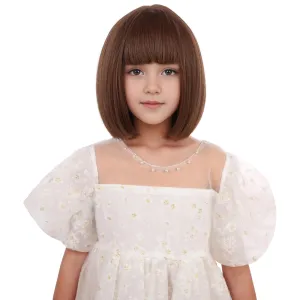 Kids Brown Bob Wig Girls Short Honey Brown Bob Wig with Bangs Dark Brown Bob Wig for Child Heat Resistant Synthetic Wig with Wig Cap