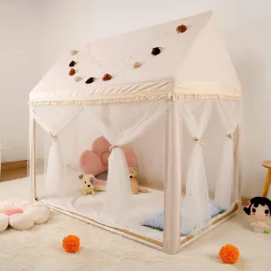Kids Play Tent Indoor Outdoor, Large Play House Tents for Toddlers 3-12 Years Old, Girls Boys Play Tents with Non-Slip Mat, Tassel Garland and Star Lights, Neutral Color 52" x 35" x 52"