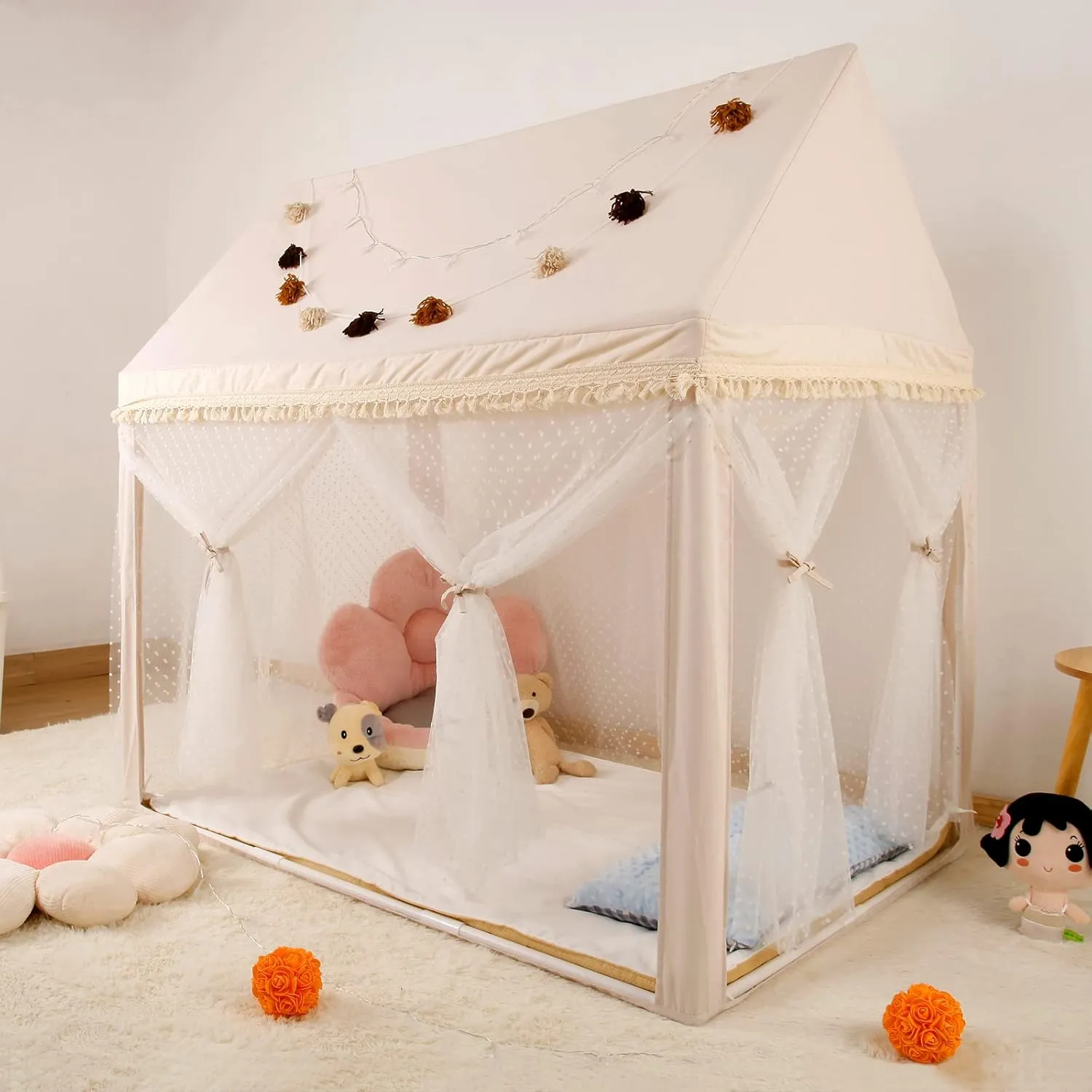Kids Play Tent Indoor Outdoor, Large Play House Tents for Toddlers 3-12 Years Old, Girls Boys Play Tents with Non-Slip Mat, Tassel Garland and Star Lights, Neutral Color 52" x 35" x 52"