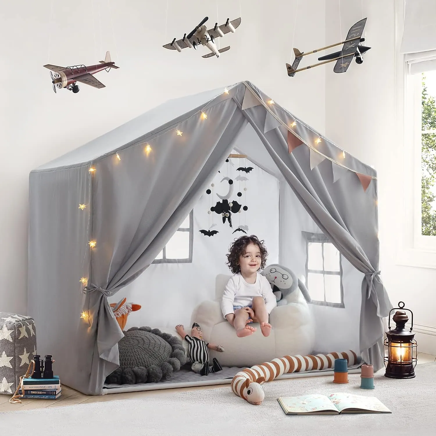 Kids Play Tent with Mat, Razee Large Playhouse Tent Indoor, Play House Kids Tent Castle for Girls Boys, Play Cottage (Grey)