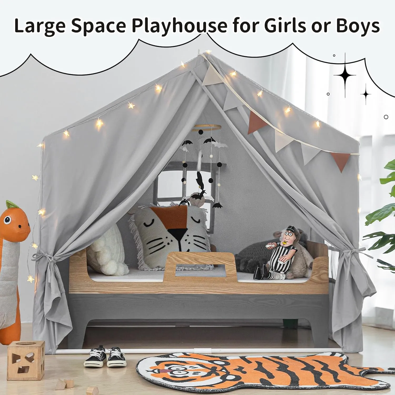 Kids Play Tent with Mat, Razee Large Playhouse Tent Indoor, Play House Kids Tent Castle for Girls Boys, Play Cottage (Grey)