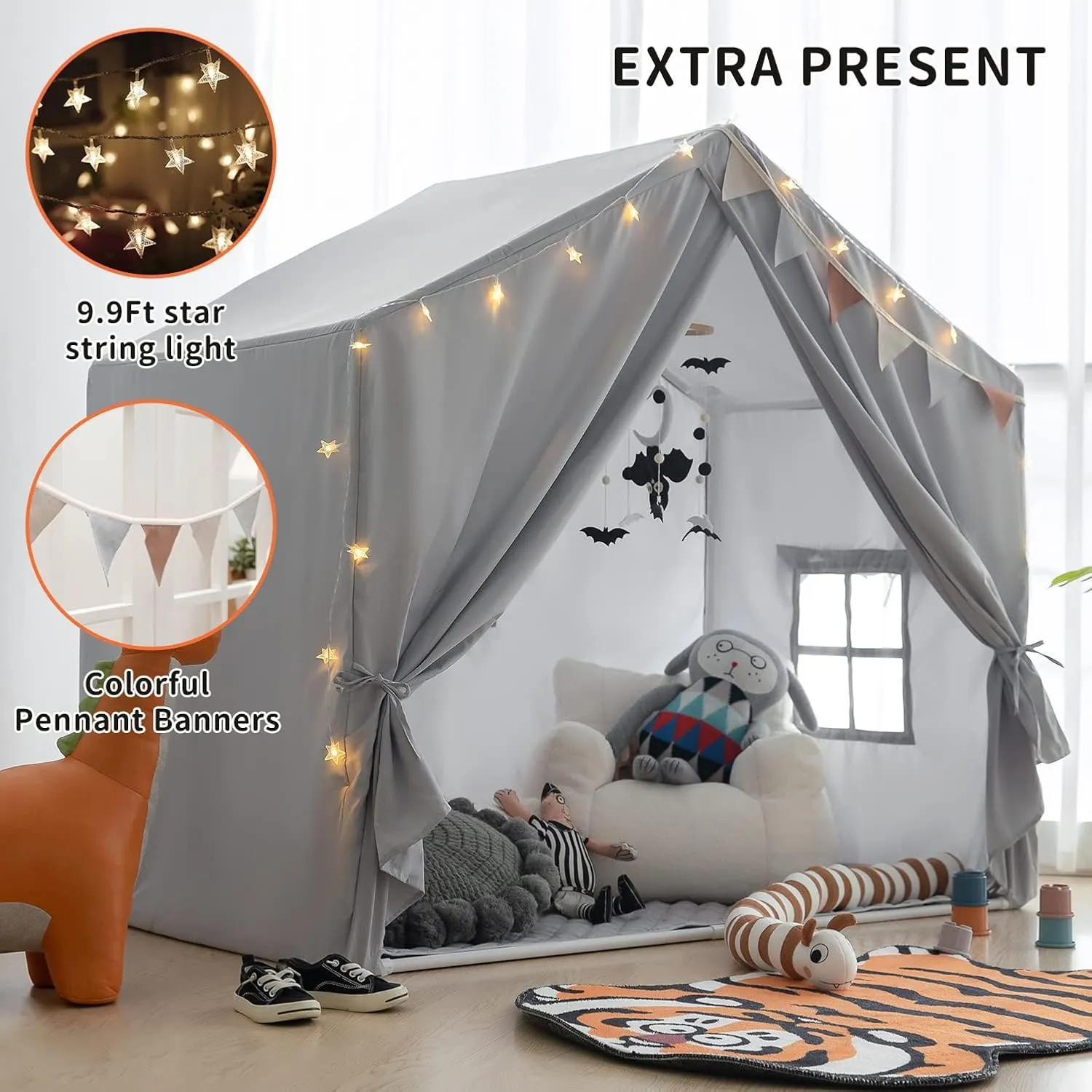 Kids Play Tent with Mat, Razee Large Playhouse Tent Indoor, Play House Kids Tent Castle for Girls Boys, Play Cottage (Grey)