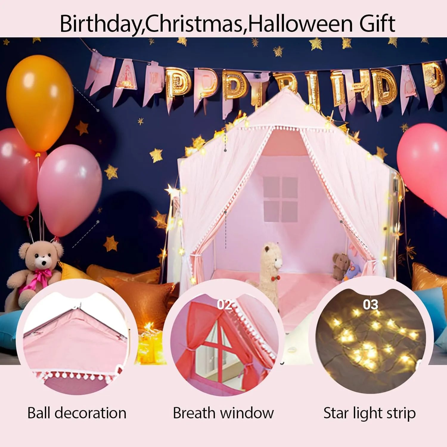 Kids Play Tents Indoor Outdoor Toddler Tent Kids Playhouse Tent Large Teepee Castle (Pink)