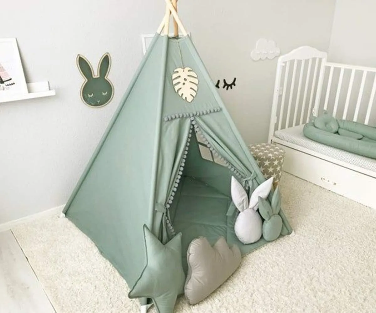 Kids Teepee Tent with White Pom Pom - Indoor Play Teepee for Children Boys Portable Play House (Green)