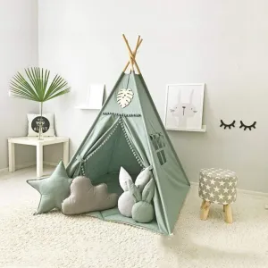 Kids Teepee Tent with White Pom Pom - Indoor Play Teepee for Children Boys Portable Play House (Green)