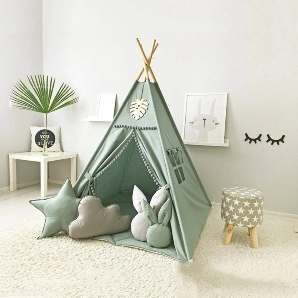 Kids Teepee Tent with White Pom Pom - Indoor Play Teepee for Children Boys Portable Play House (Green)