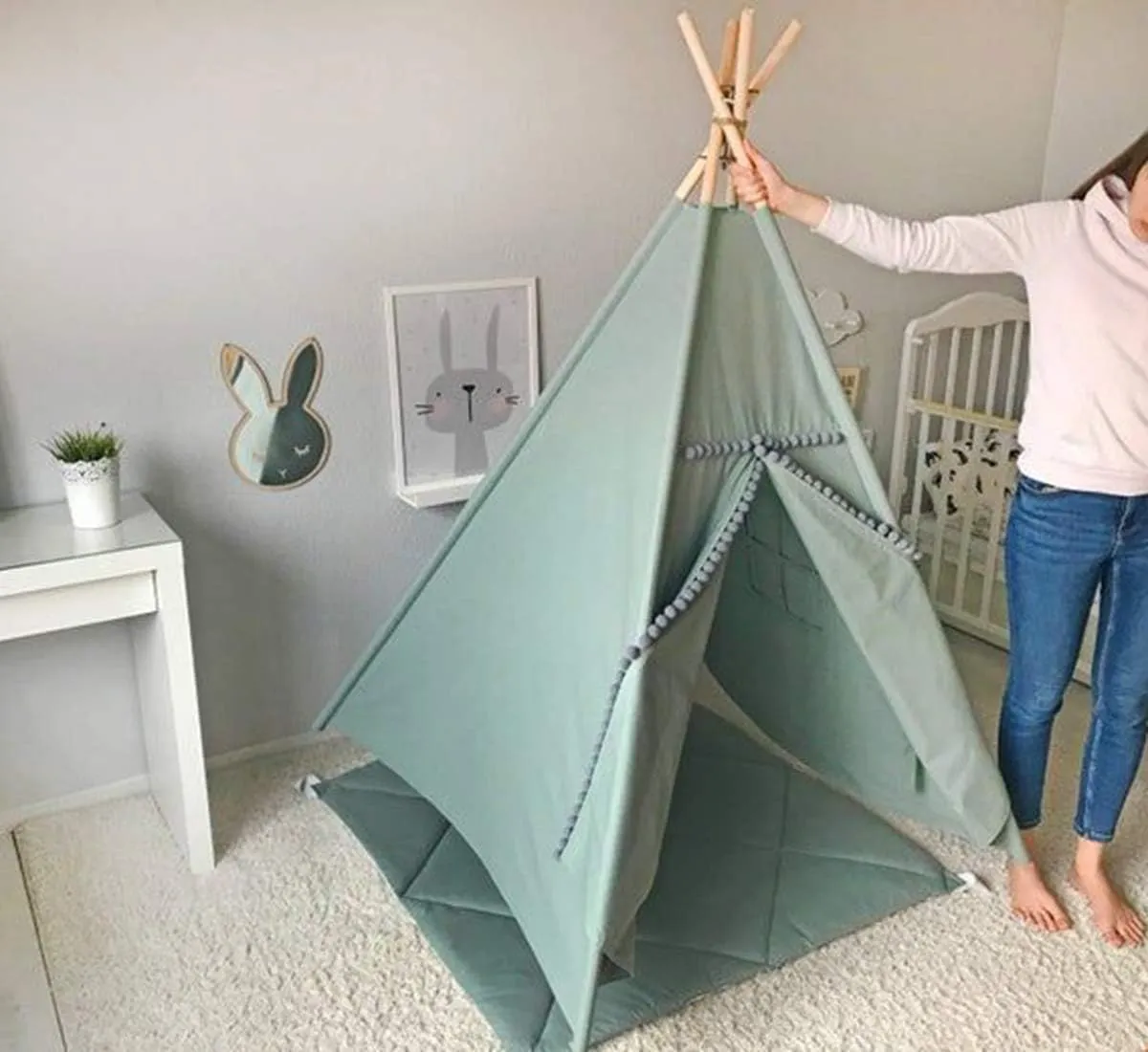 Kids Teepee Tent with White Pom Pom - Indoor Play Teepee for Children Boys Portable Play House (Green)