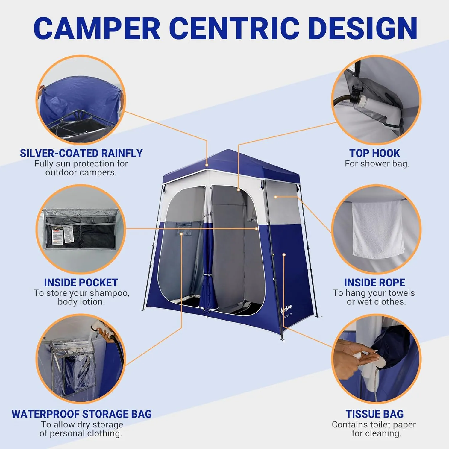 KingCamp Camping Shower Tent, Instant Portable Privacy Shelter, 1/2 Room Large Outdoor Toilet Tent with Floor, Water-Resistant, Windproof & Easy Setup for Beach, Camping & Hiking