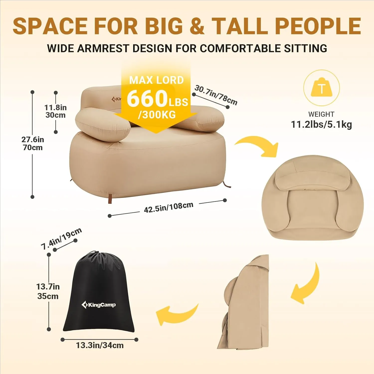 KingCamp Inflatable Couch for Camping, Portable Foldable Eco-Friendly Reach-Certified PVC Liner Air Lounger Blow Up Sofa with Foot Pump, Pegs, Repair Kit & Removable Cover