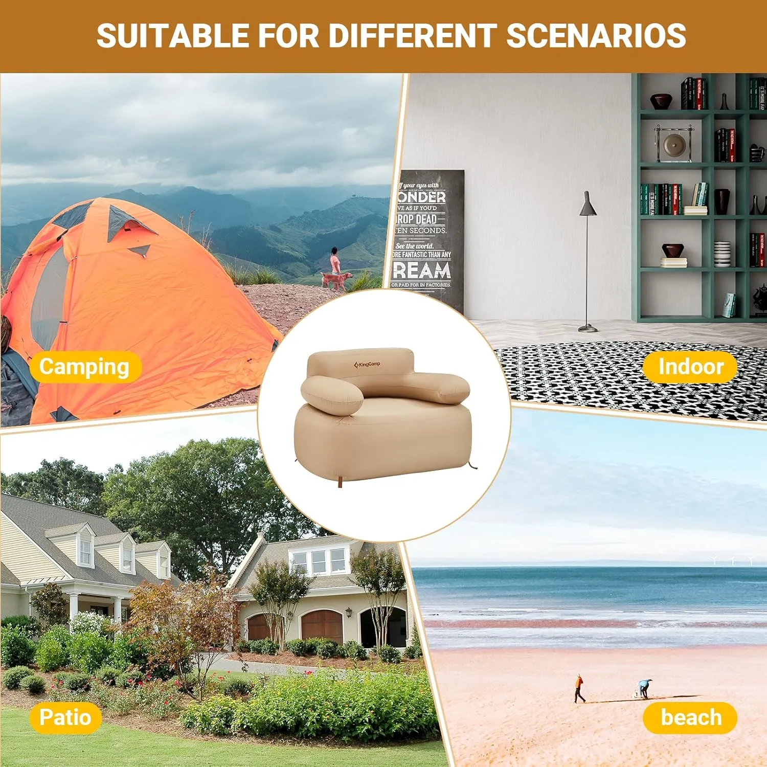 KingCamp Inflatable Couch for Camping, Portable Foldable Eco-Friendly Reach-Certified PVC Liner Air Lounger Blow Up Sofa with Foot Pump, Pegs, Repair Kit & Removable Cover