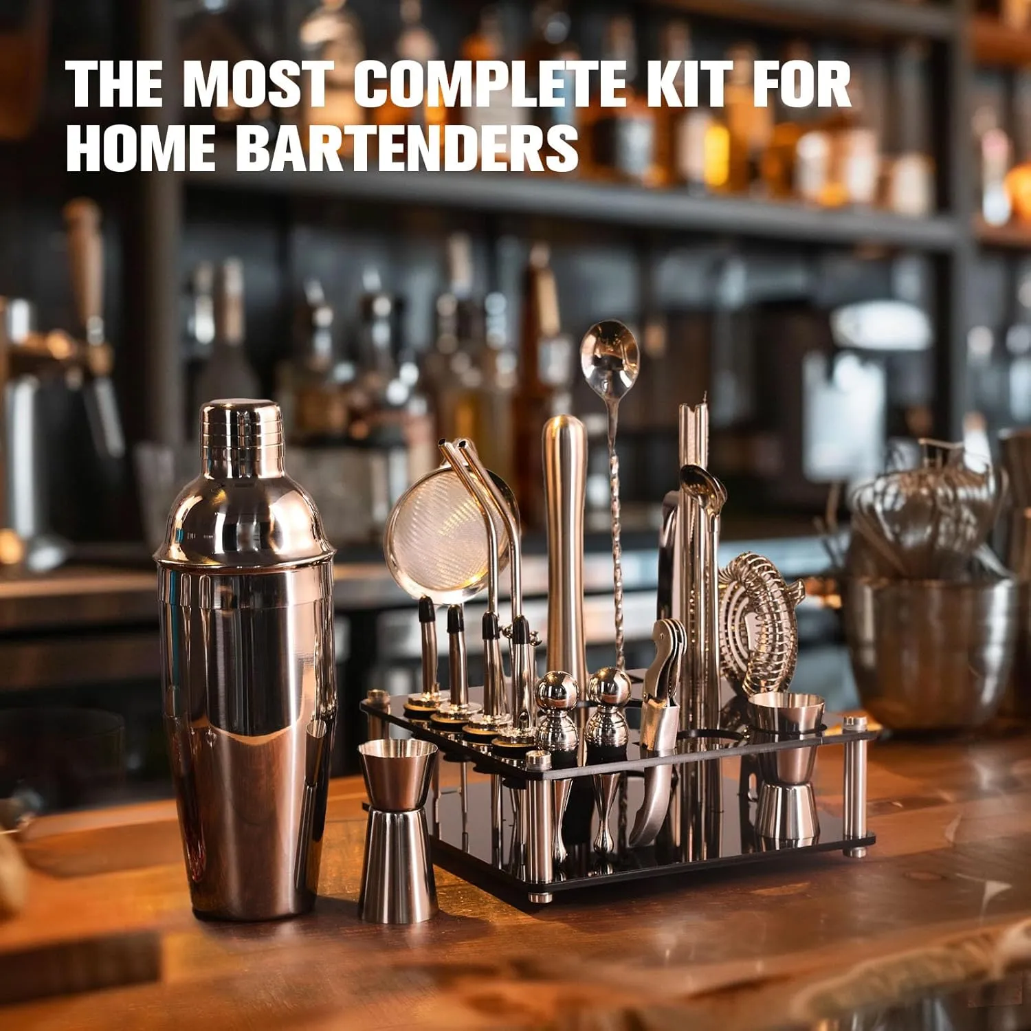 KINGROW 29-Piece Cocktail Shaker Set Bartender Kit with Acrylic Rotating Stand | Mixology Bar Tools Professional Bar Set for Drink Mixing, Home, Bar, Party | Sliver