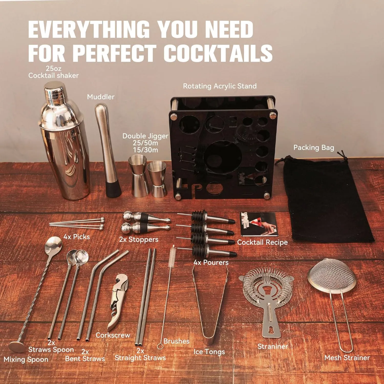 KINGROW 29-Piece Cocktail Shaker Set Bartender Kit with Acrylic Rotating Stand | Mixology Bar Tools Professional Bar Set for Drink Mixing, Home, Bar, Party | Sliver