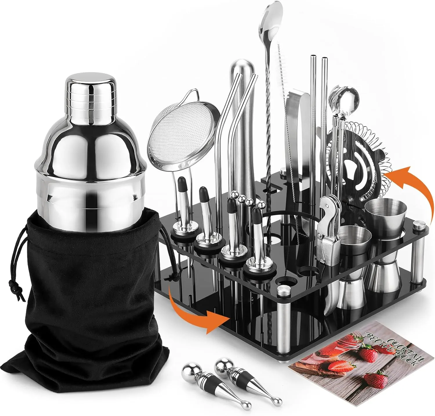 KINGROW 29-Piece Cocktail Shaker Set Bartender Kit with Acrylic Rotating Stand | Mixology Bar Tools Professional Bar Set for Drink Mixing, Home, Bar, Party | Sliver