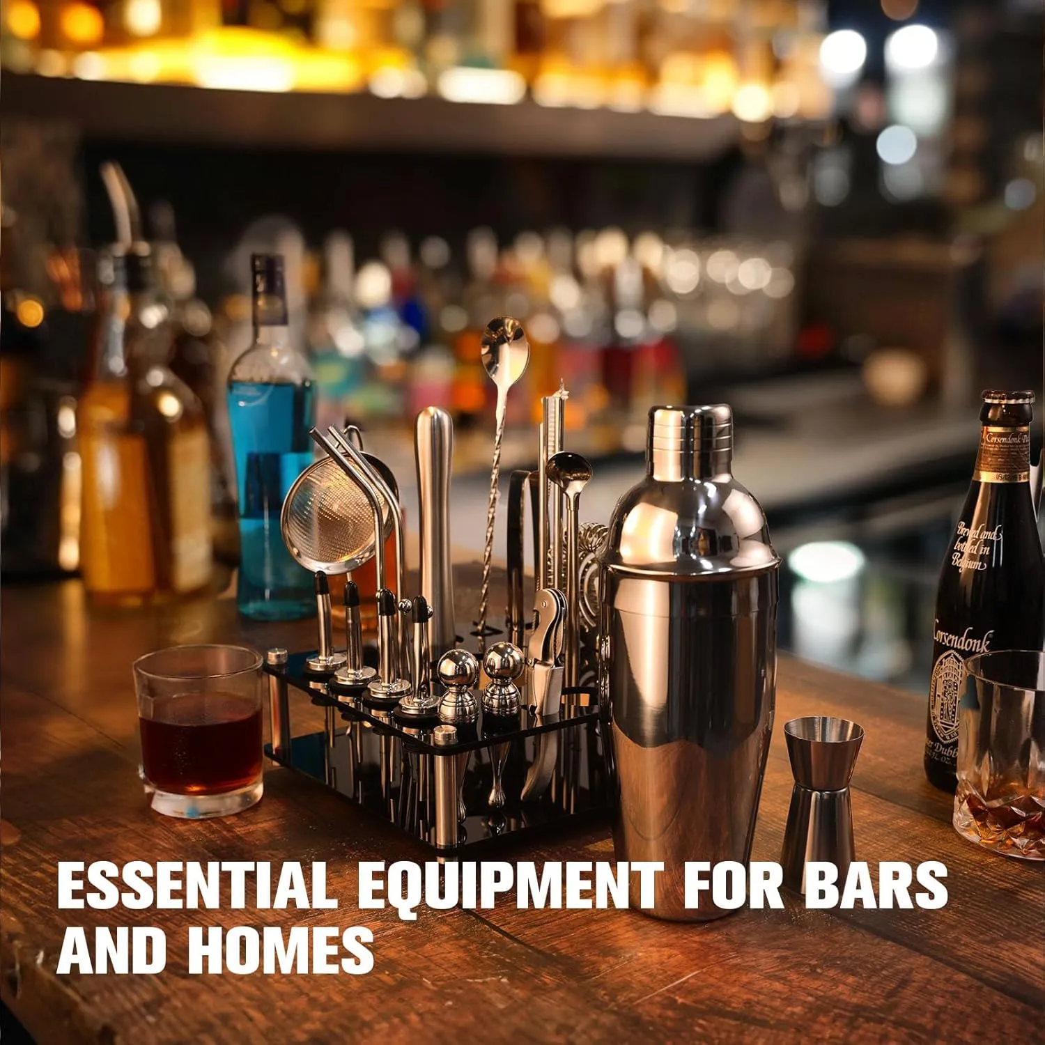KINGROW 29-Piece Cocktail Shaker Set Bartender Kit with Acrylic Rotating Stand | Mixology Bar Tools Professional Bar Set for Drink Mixing, Home, Bar, Party | Sliver