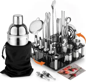KINGROW 29-Piece Cocktail Shaker Set Bartender Kit with Acrylic Rotating Stand | Mixology Bar Tools Professional Bar Set for Drink Mixing, Home, Bar, Party | Sliver