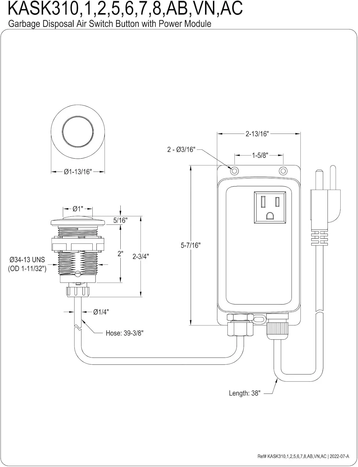 Kingston Brass KASK317 Trimscape Single Outlet Garbage Disposal Air Switch Kit, Brushed Brass