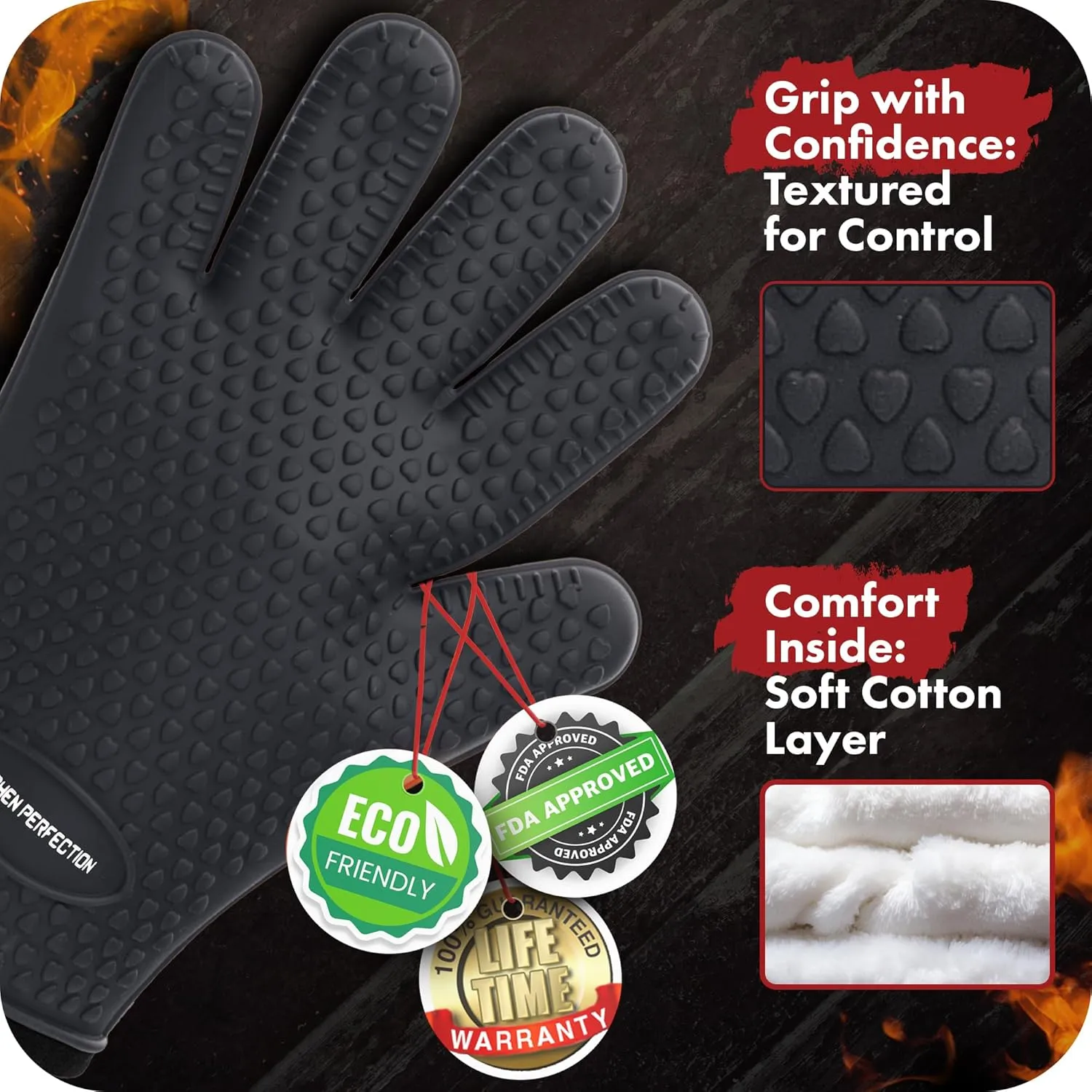 KITCHEN PERFECTION Silicone Smoker Oven Gloves-Extreme Heat Resistant BBQ Gloves-Handle Hot Food Right on Your Grill Fryer & Pit|Waterproof Grilling Cooking Baking Mitts|Superior Value Set  3 Bonuses