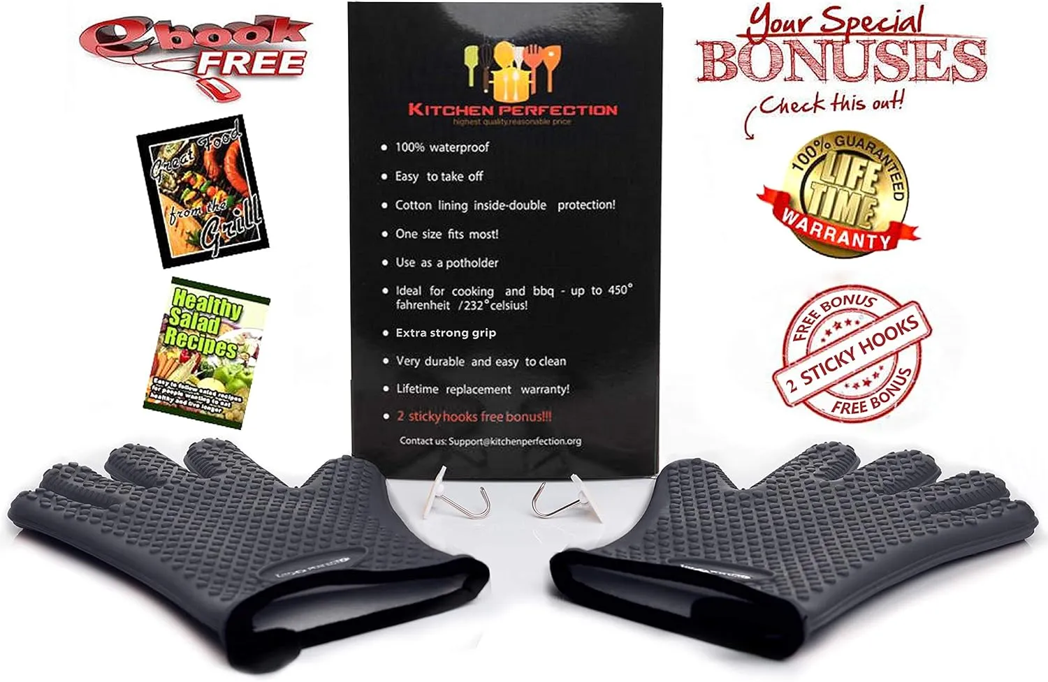 KITCHEN PERFECTION Silicone Smoker Oven Gloves-Extreme Heat Resistant BBQ Gloves-Handle Hot Food Right on Your Grill Fryer & Pit|Waterproof Grilling Cooking Baking Mitts|Superior Value Set  3 Bonuses