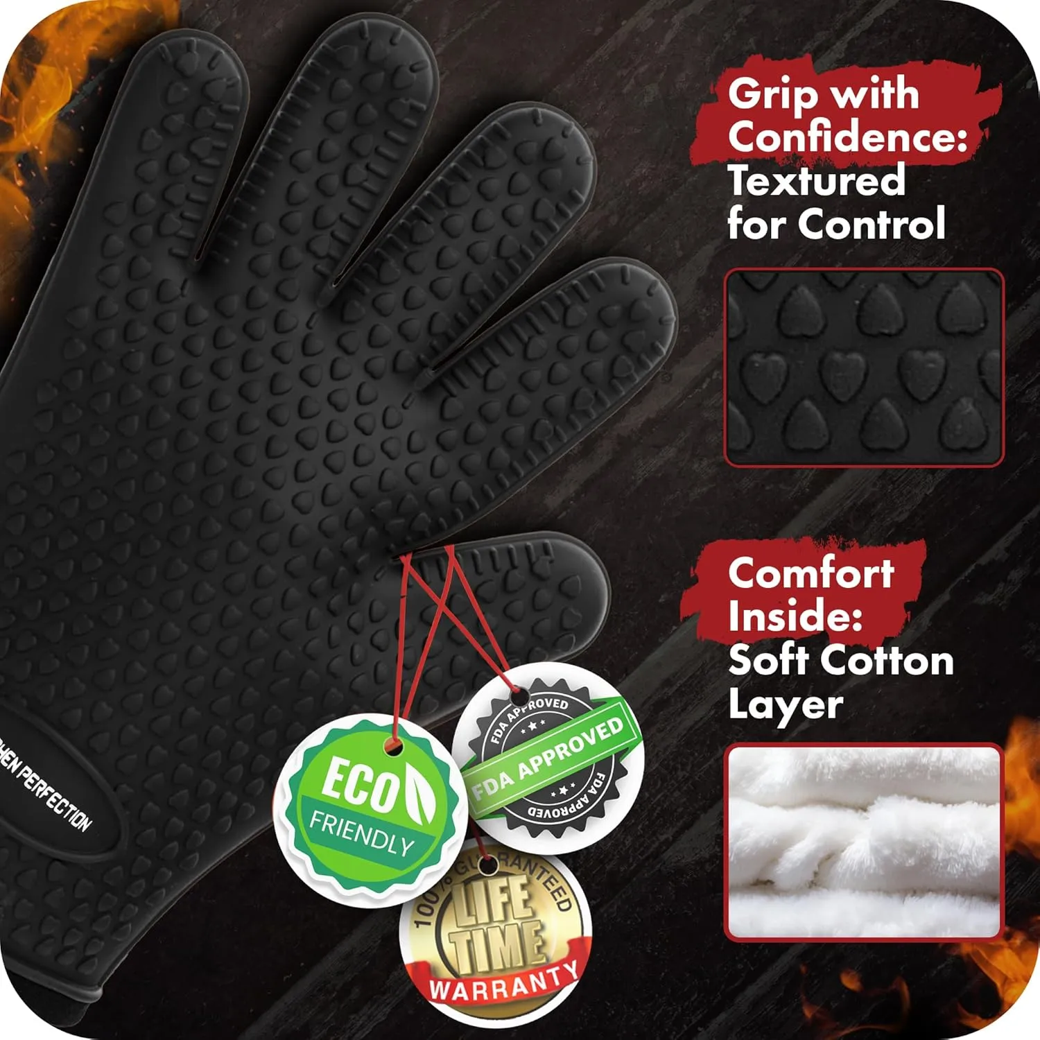 KITCHEN PERFECTION Silicone Smoker Oven Gloves -Extreme Heat Resistant BBQ Gloves -Handle Hot Food Right on Your Smoker Grill Fryer Pit|Waterproof Oven Mitts Grill Gloves |Superior Value Set 3 Bonuses