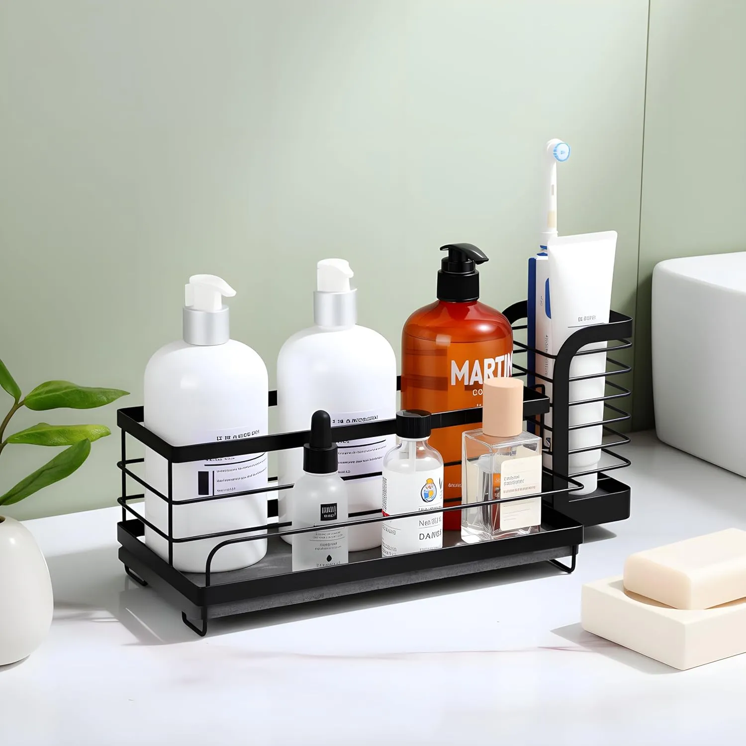 Kitchen Sink Caddy Organizer with Instant Drying Stone, Sponge Holder with High Brush Holder, Rustproof Kitchen Countertop Organizers