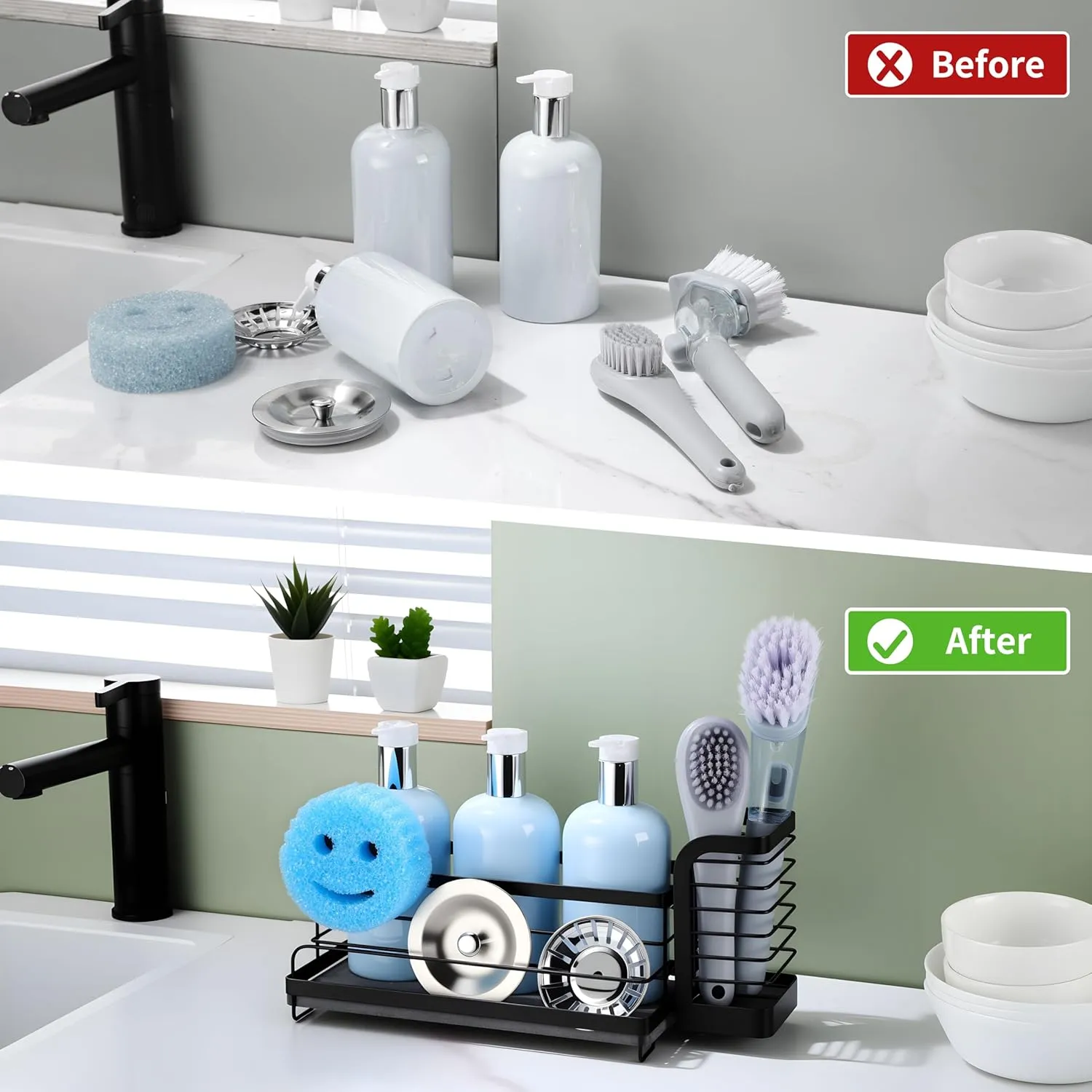 Kitchen Sink Caddy Organizer with Instant Drying Stone, Sponge Holder with High Brush Holder, Rustproof Kitchen Countertop Organizers