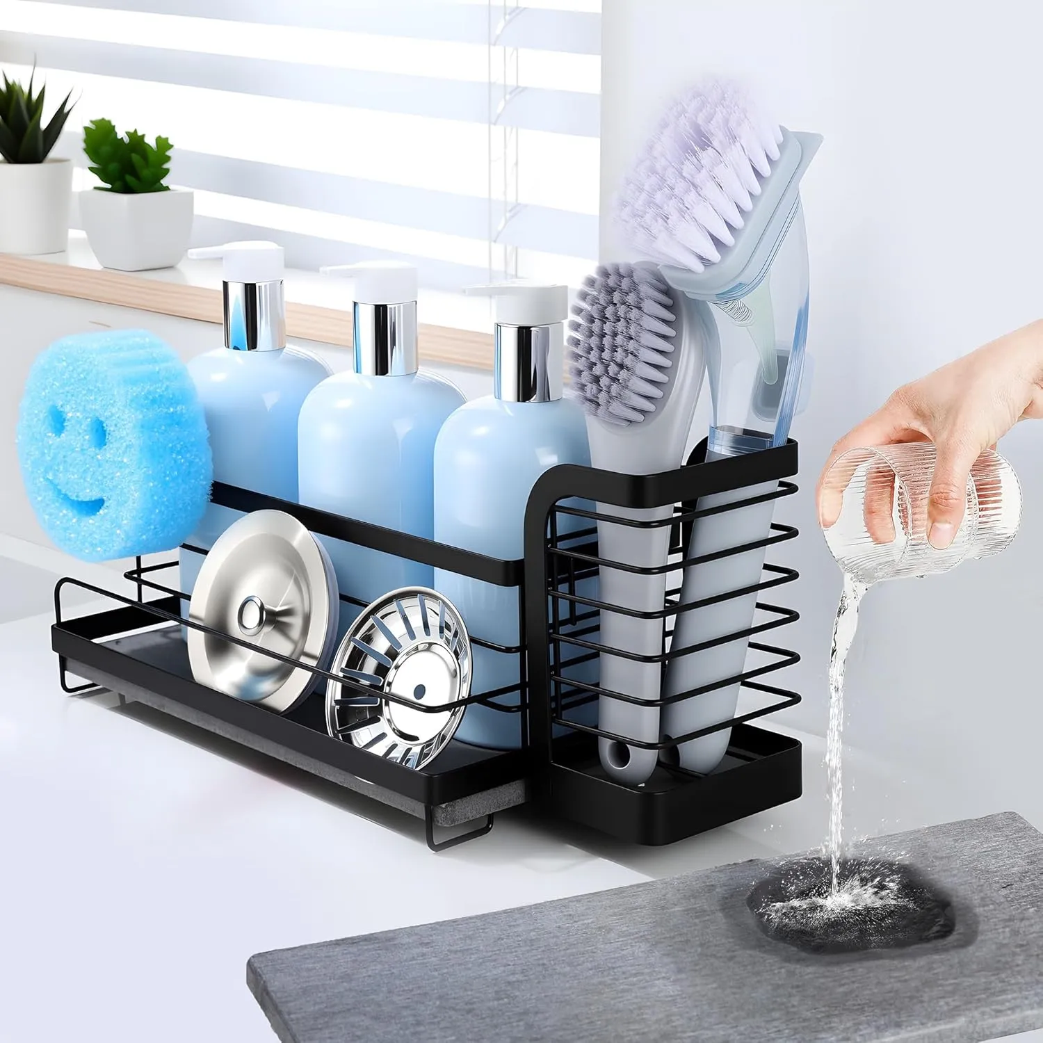 Kitchen Sink Caddy Organizer with Instant Drying Stone, Sponge Holder with High Brush Holder, Rustproof Kitchen Countertop Organizers
