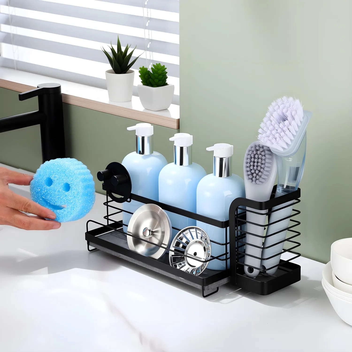 Kitchen Sink Caddy Organizer with Instant Drying Stone, Sponge Holder with High Brush Holder, Rustproof Kitchen Countertop Organizers