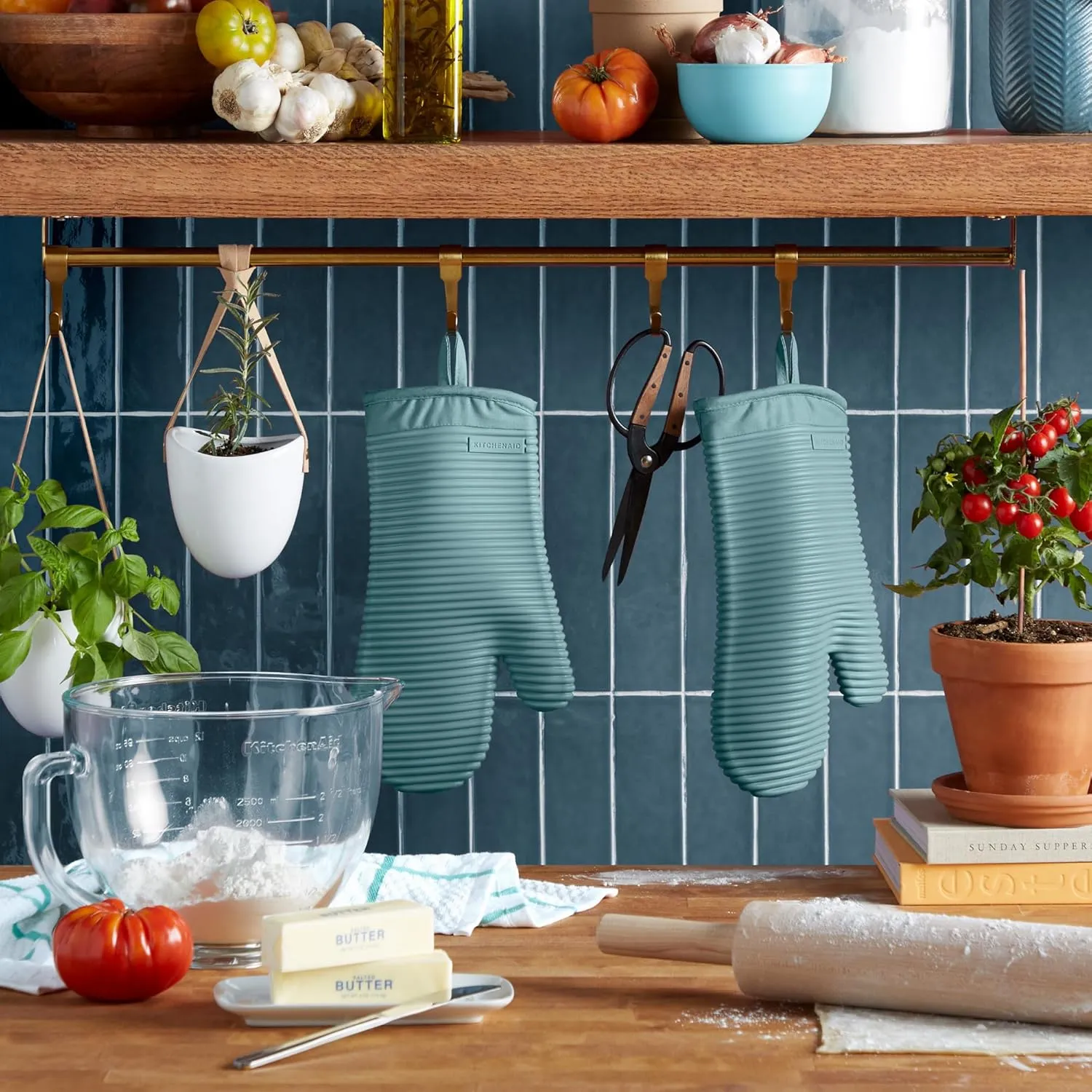 KitchenAid Ribbed Soft Silicone Oven Mitt 2-Pack Set, Mineral Water Aqua, 7.5"x13"
